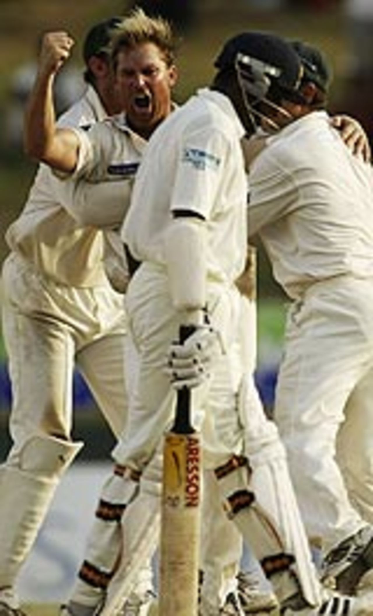 Shane Warne pumps his fist after a wicket, Sri Lanka v Australia, 3rd Test, Colombo, 5th day, March 28, 2004