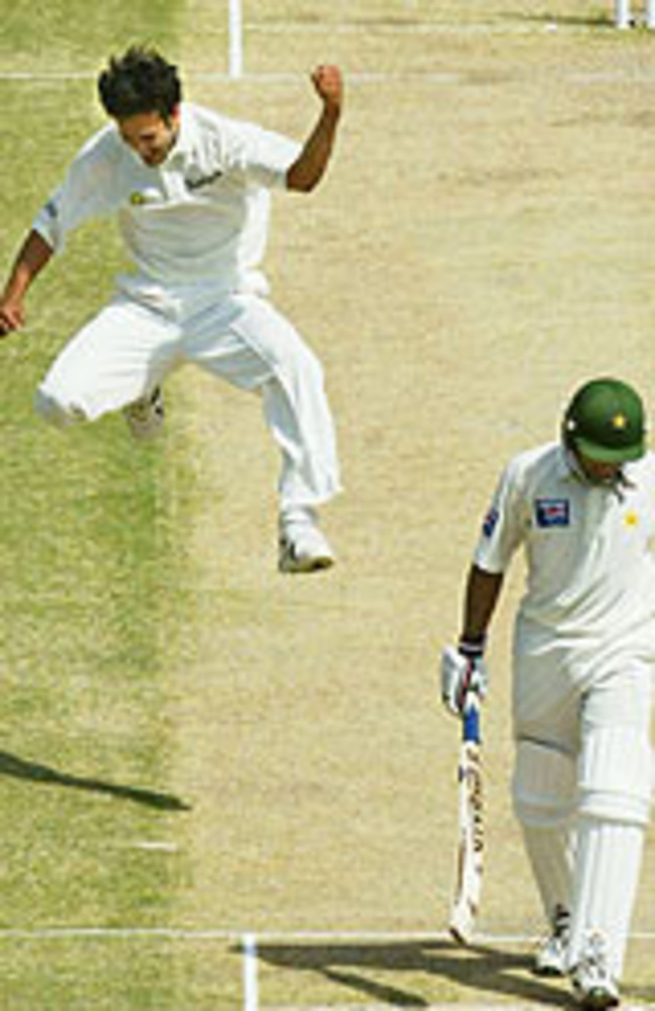 Irfan Pathan leaps after getting a wicket, Pakistan v India, 1st Test, Multan, 3rd day, March 30, 2004