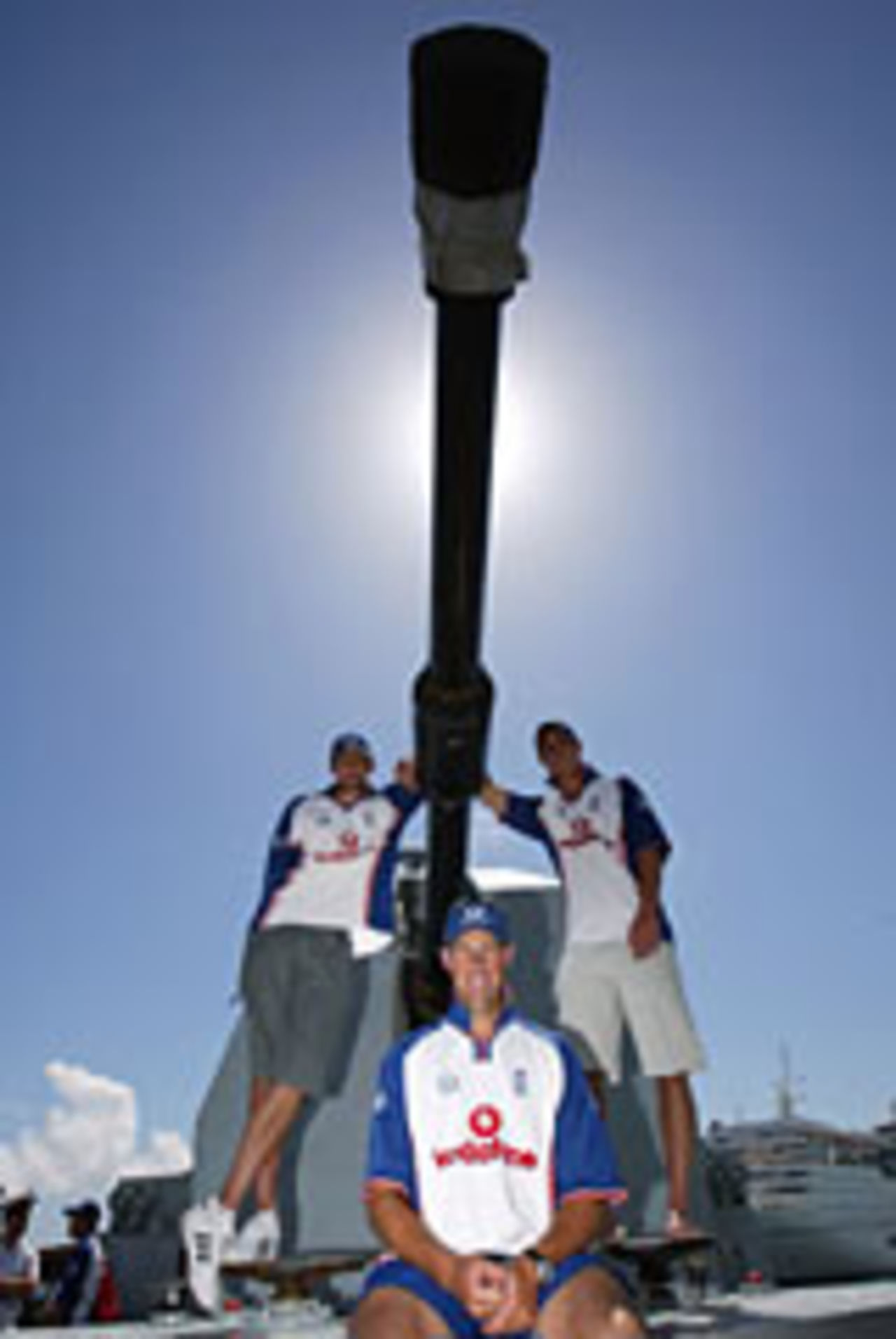 Marcus Trescothick, Simon Jones and Steve Harmison on board HMS Monmouth, Barbados, March 31, 2004
