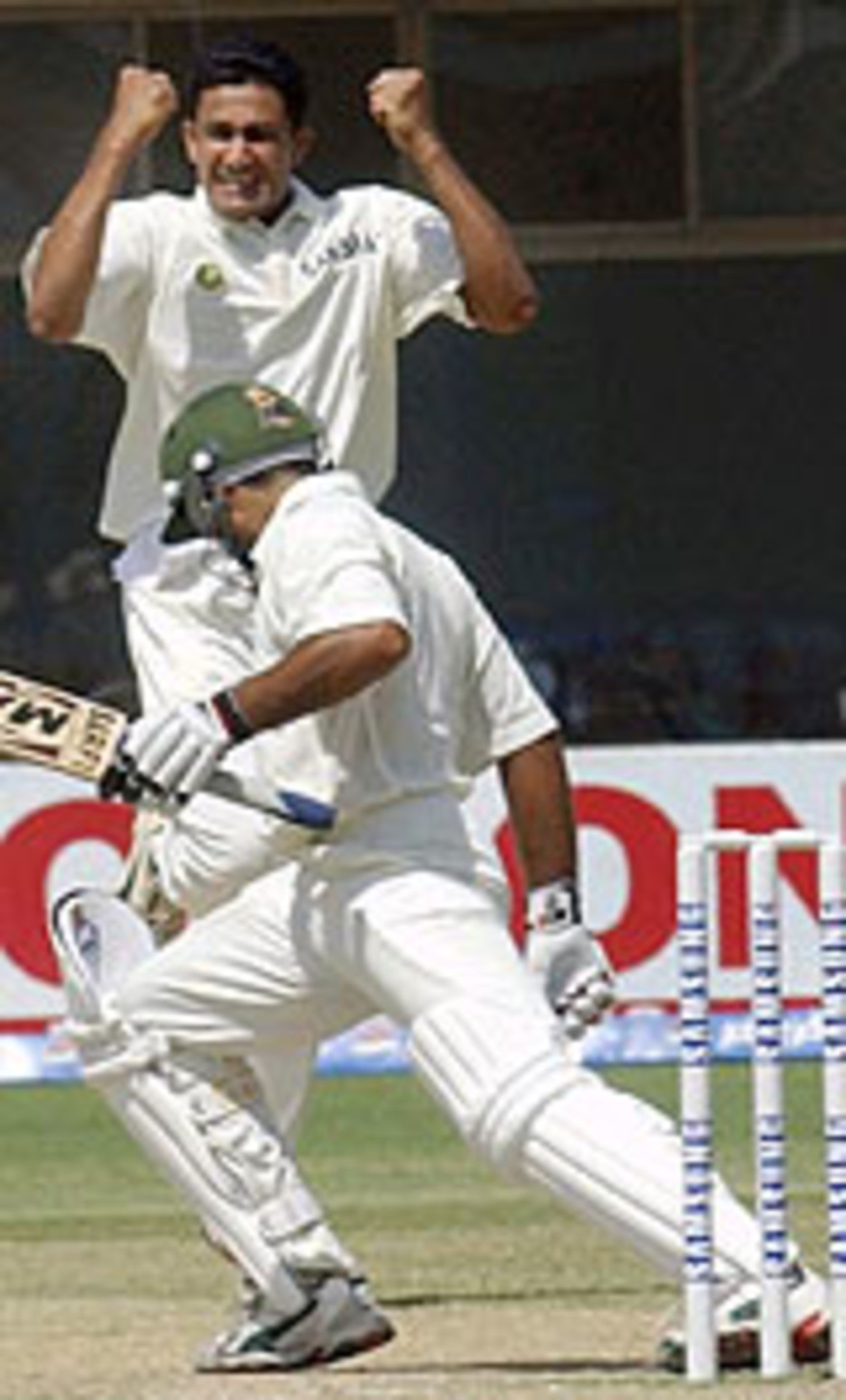 Anil Kumble celebrates as Taufeeq Umar is adjudged lbw, Pakistan v India, 1st Test, Multan, 4th day, March 31, 2004