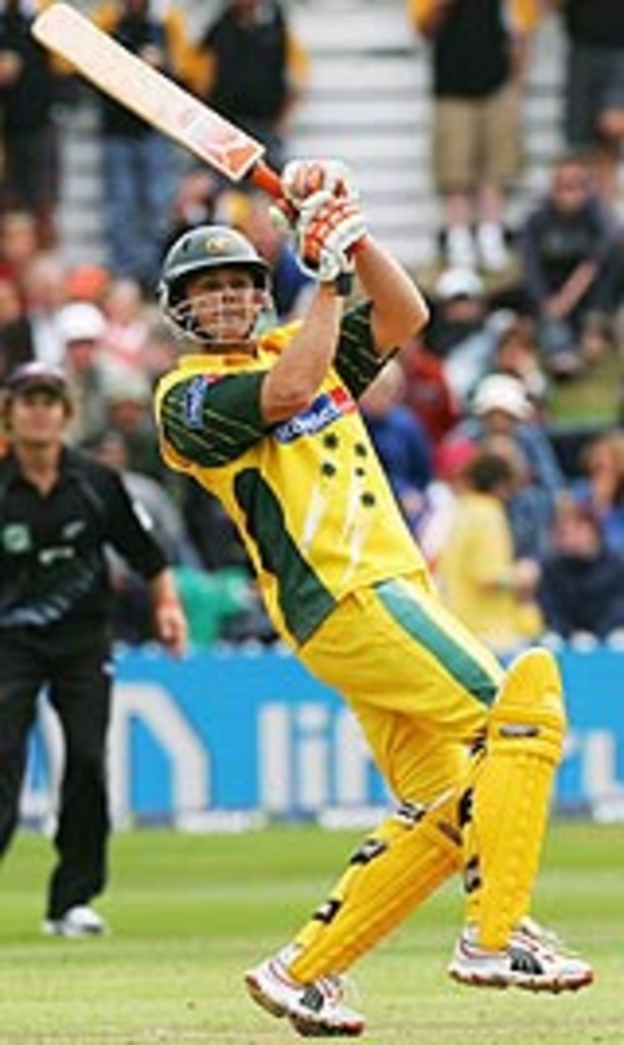 Adam Gilchrist swivels after smacking the ball, New Zealand v Australia, 4th ODI, Wellington, March 1, 2005