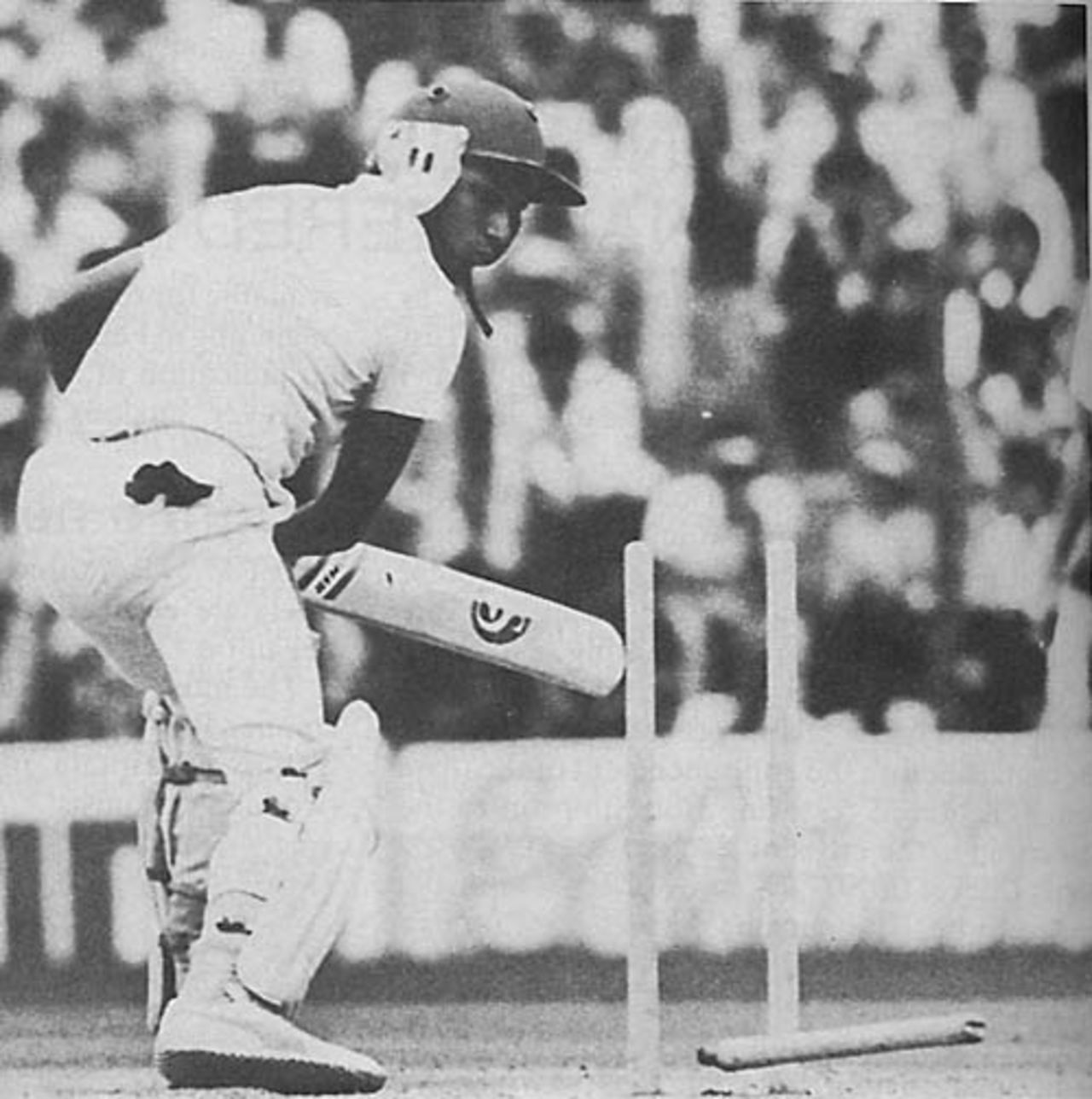 Mohinder Amarnath is bowled by Mudassar Nazar for 4, India v Pakistan, Bangalore, September 1983