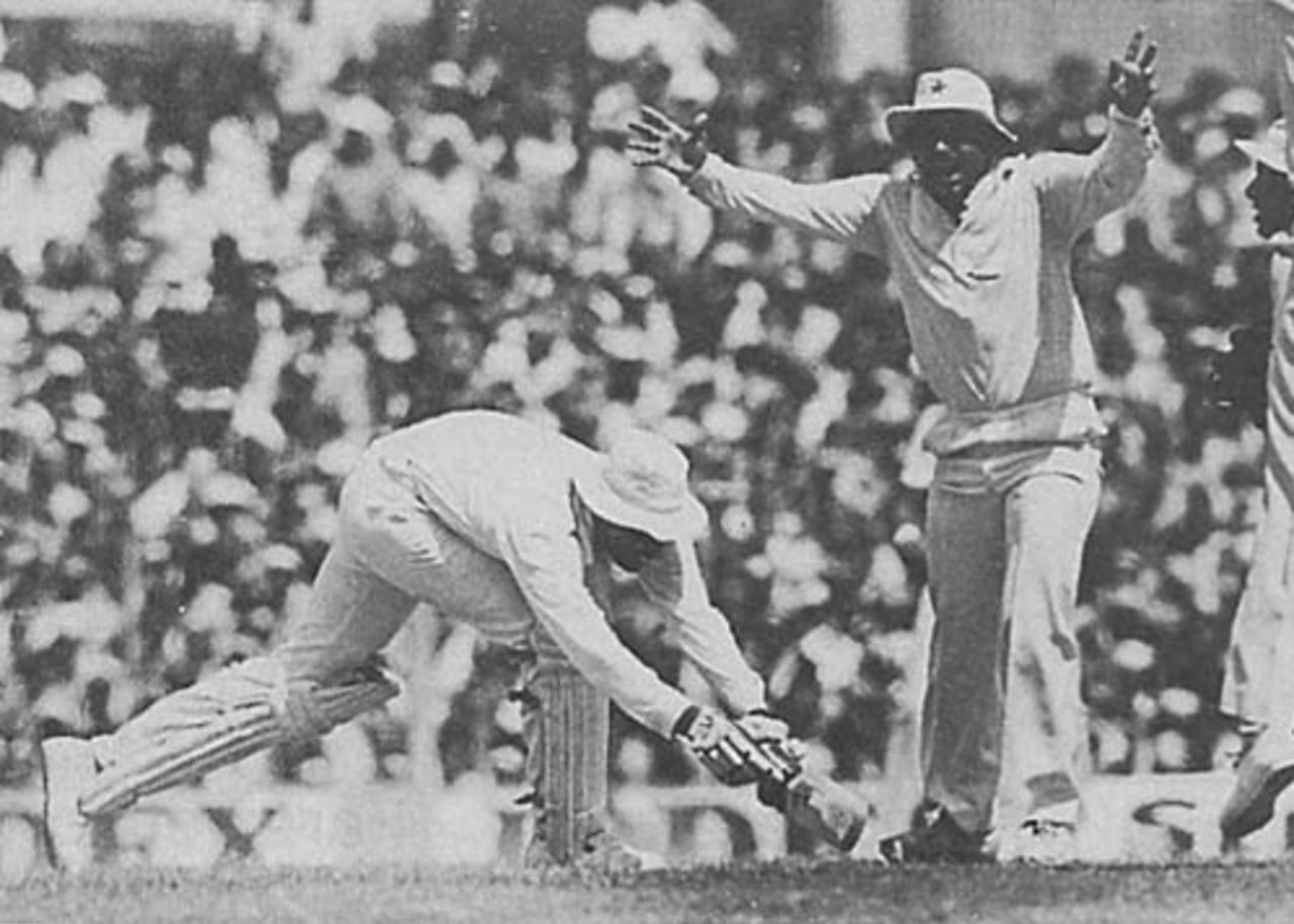 Kapil Dev is stumped by Wasim Bari, India v Pakistan, Nagpur, October 1983
