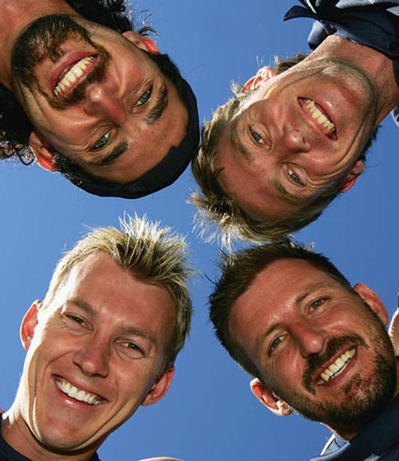 Jason Gillespie, Brett Lee, Glenn McGrath and Michael Kasprowicz look on in Napier, March 2, 2005