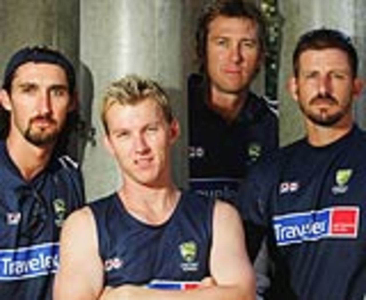 Jason Gillespie, Brett Lee, Glenn McGrath and Michael Kasprowicz look on in Napier, March 2, 2005