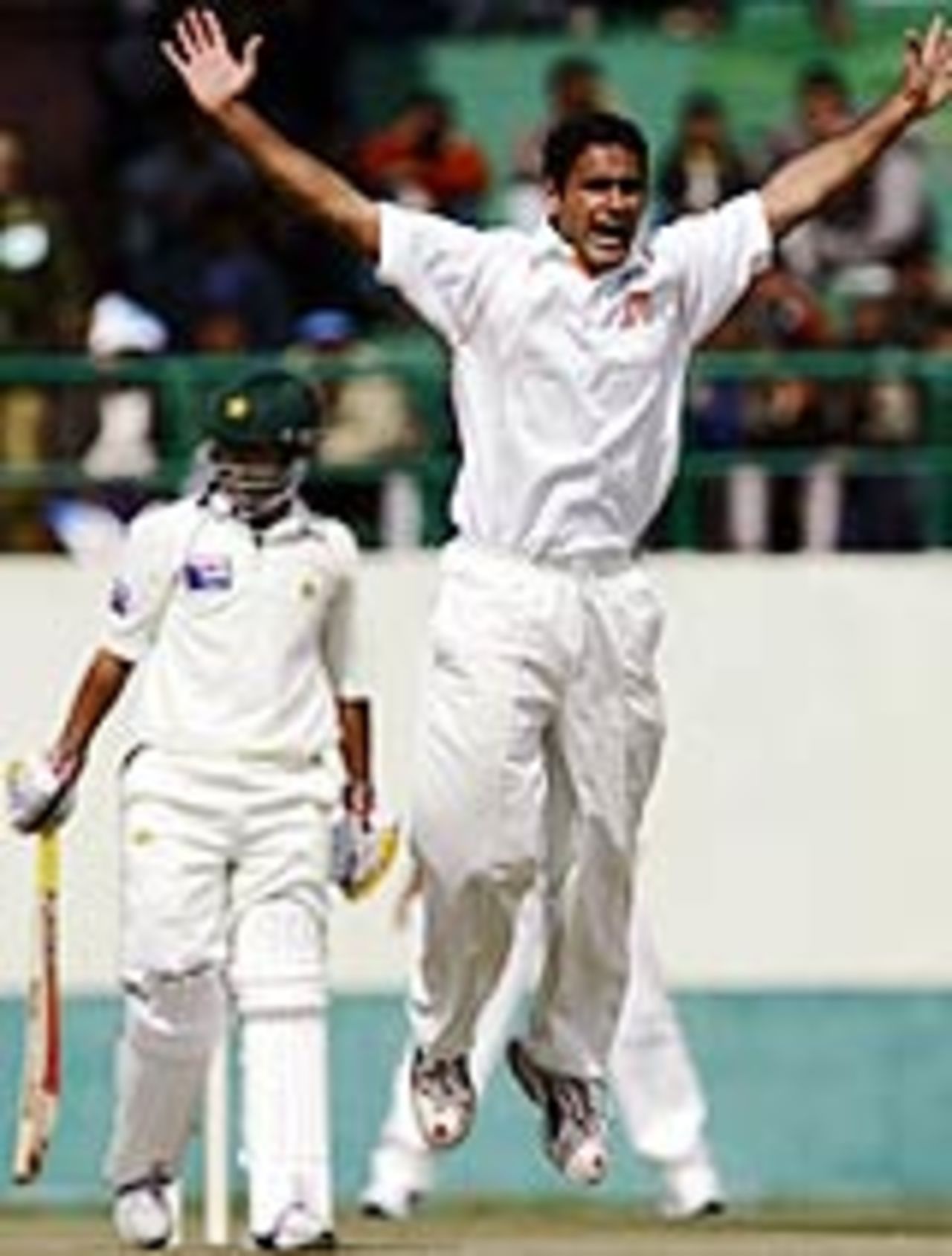 Gagandeep Singh leaps into the air for a leg before appeal, Indian BP XI v Pakistanis, Dharamshala, March 3, 2005