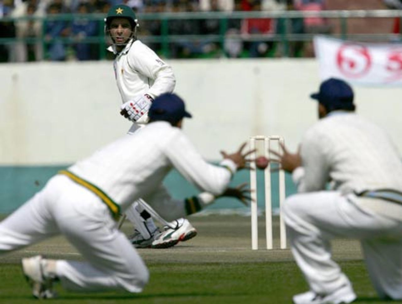 Taufeeq Umar looks anxiously as an edge travels towards slip, but he was let off, Pakistanis v Indian BP XI, Tour match, 1st day, Dharamsala, March 3, 2005