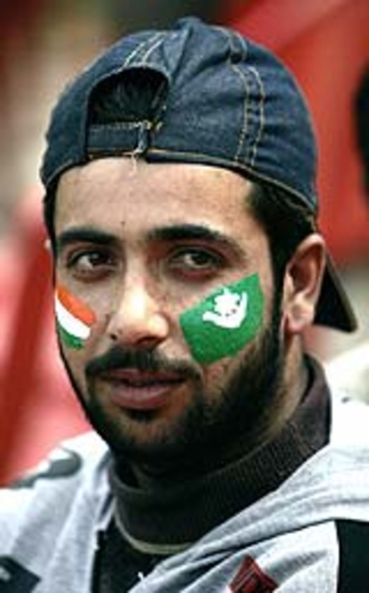 A fan with the Indian and Pakistan colours painted on his cheeks, Indian BP XI v Pakistanis, Dharamshala, March 4, 2005