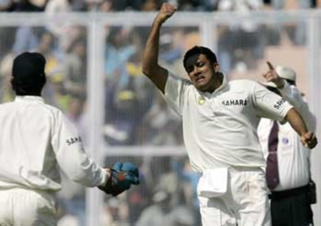 Anil Kumble was not to be left out, and picked up the vital wicket of Inzamam-ul-Haq, India v Pakistan, 1st Test, Mohali, March 8, 2005