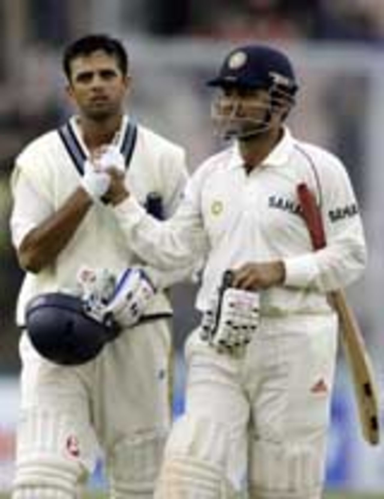 Virender Sehwag and Rahul Dravid walk off the field after a job well done, India v Pakistan, 1st Test, Mohali, March 9, 2005