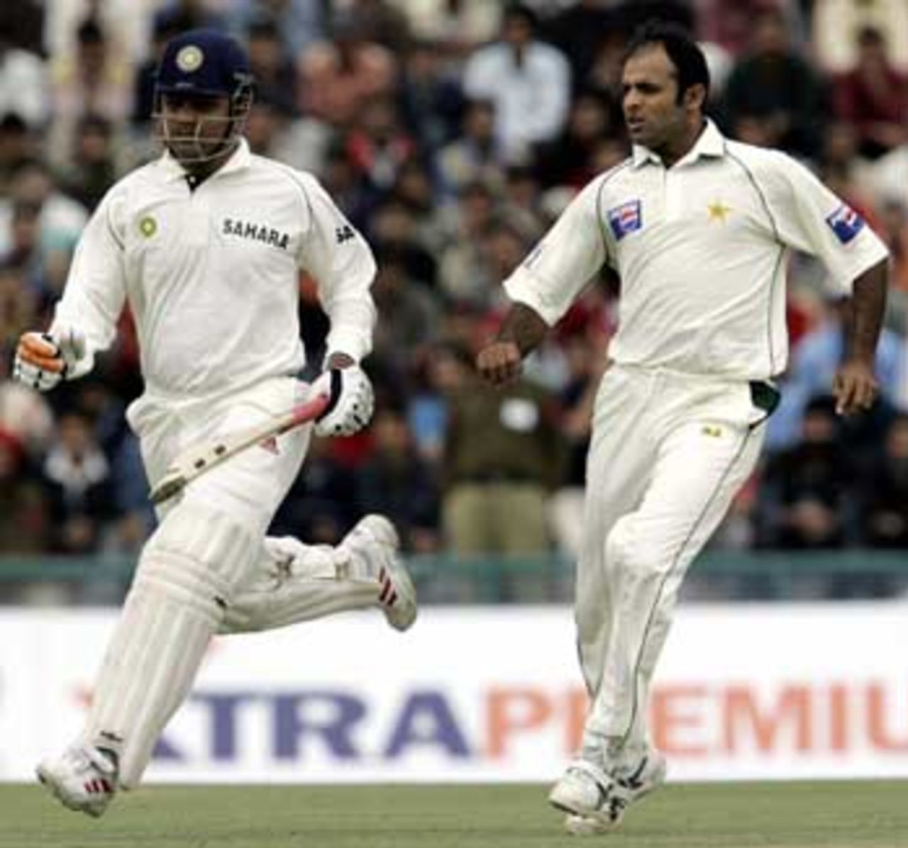 A rare moment - Virender Sehwag running a single. He spent most of his innings crashing boundaries, India v Pakistan, 1st Test, Mohali, March 9, 2005