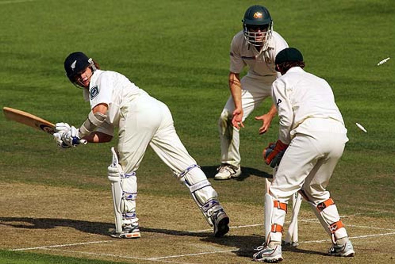 Hamish Marshall is bowled by Shane Warne, New Zealand v Australia, 1st Test, Christchurch, March 11, 2005