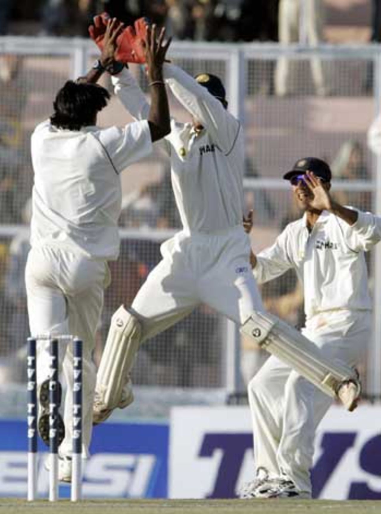The Indians were over the moon as Balaji picked up the wicket of Asim Kamal and put India in control, 1st Test, Mohali, March 11, 2005