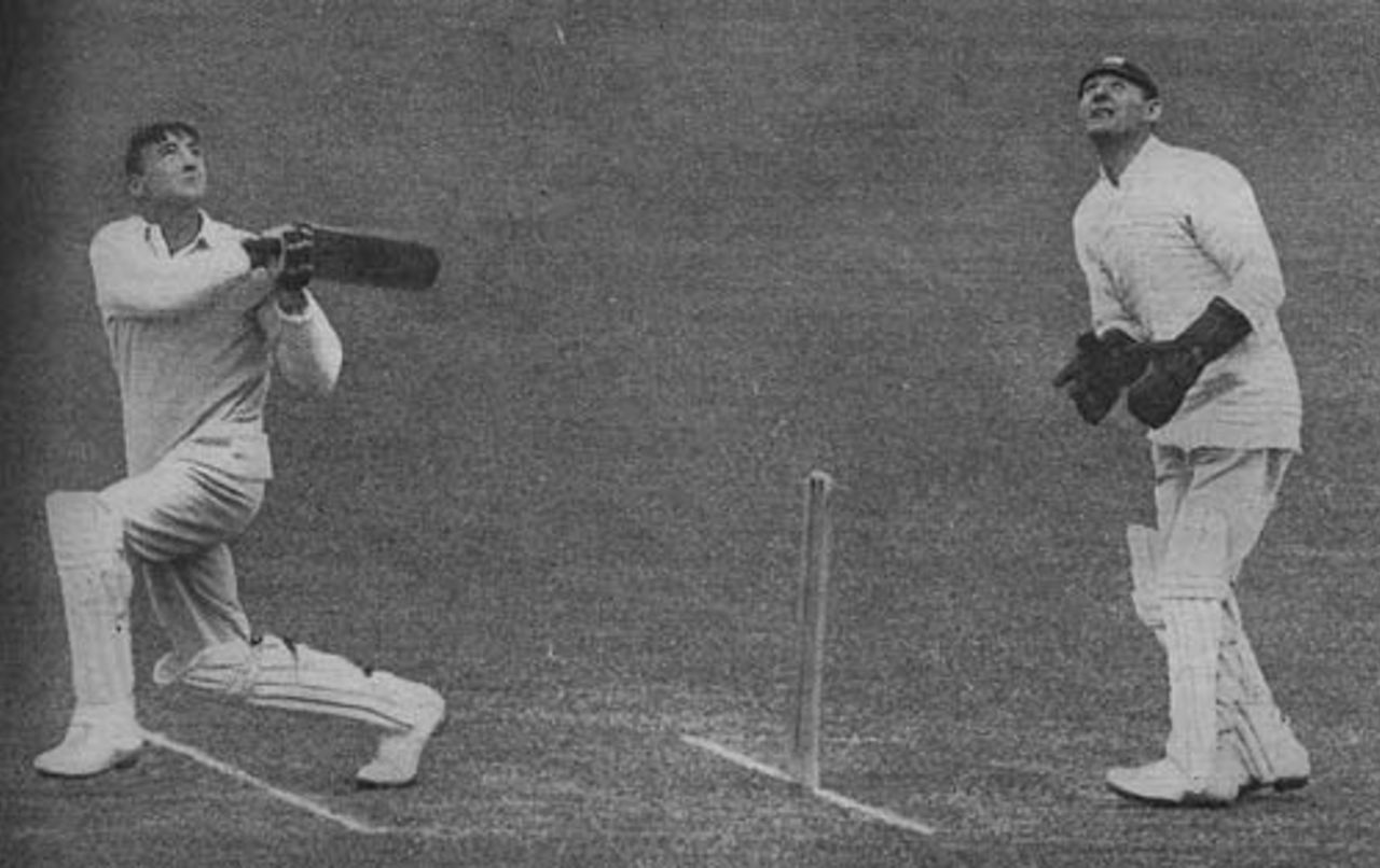 John Daniell lofts a six, Middlesex v Somerset, Lord's, 1923