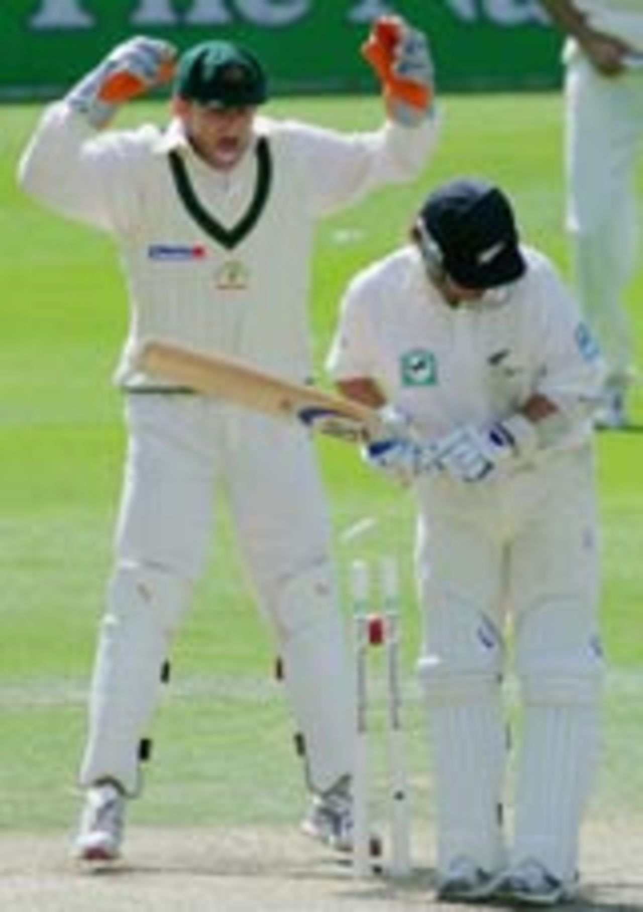 Hamish Marshall bowled around his legs by Shane Warne, New Zealand v Australia, 1st Test, Christchurch, 4th day, March 13, 2005