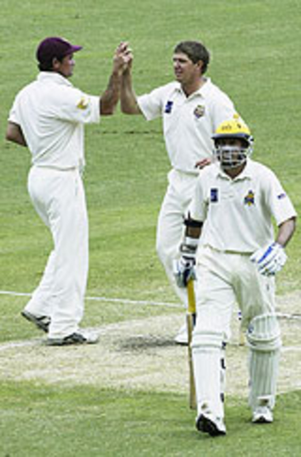 Jimmy Maher and James Hopes celebrate the dismissal of Mike Hussey, WA v Queensland, Pura Cup, March 13, 2005