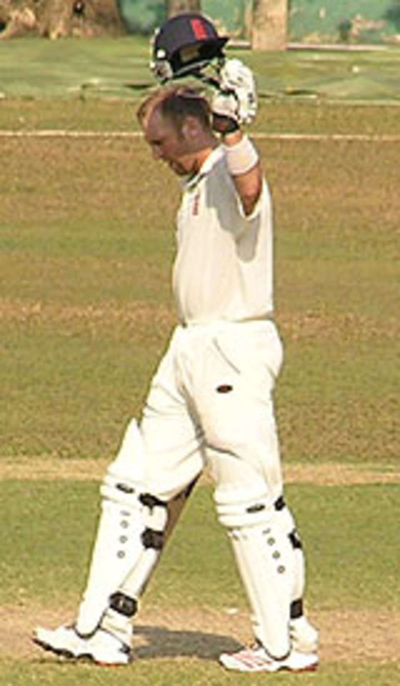 Matt Prior celebrates his century on the final day of England's A's second unofficial Test against Sri Lanka A in Colombo, March 15, 2005