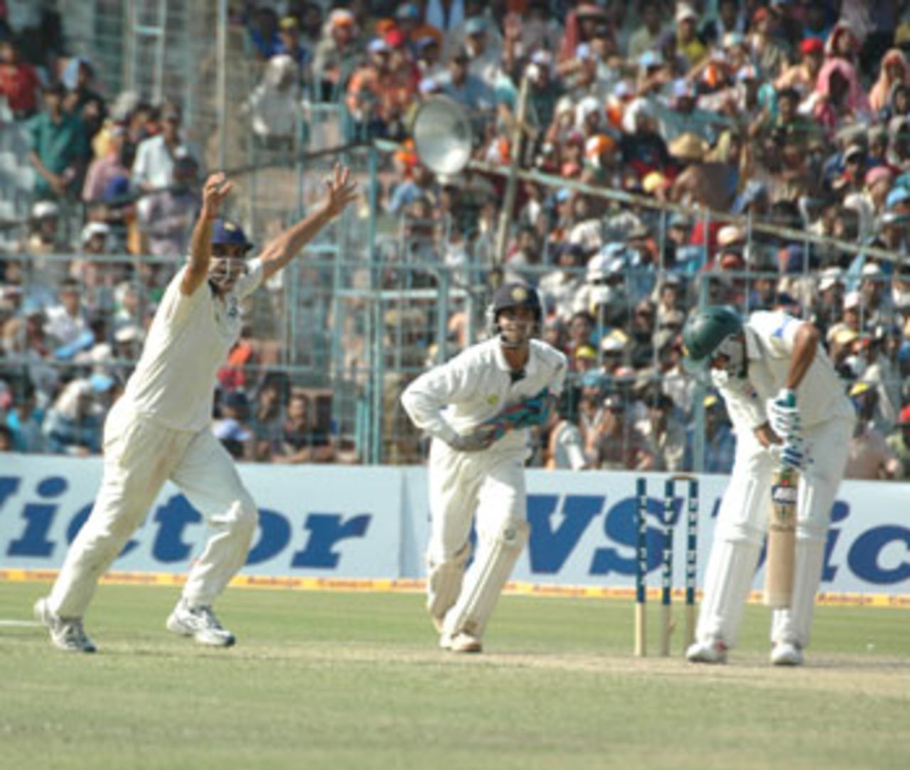 When Harbhajan Singh had Danish Kaneria's stumps rattled, the moment had arrived. India had taken a 1-0 lead in the series, and had registered its first win over Pakistan at Calcutta., 2nd Test: India v Pakistan at Kolkata, 16-20 Mar 2005