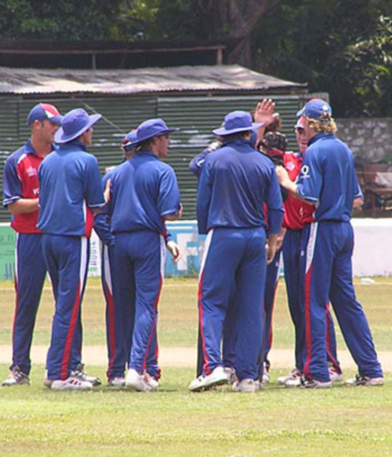 England A gather round after taking a wicket against Pakistan A, Colombo, March 23, 2005