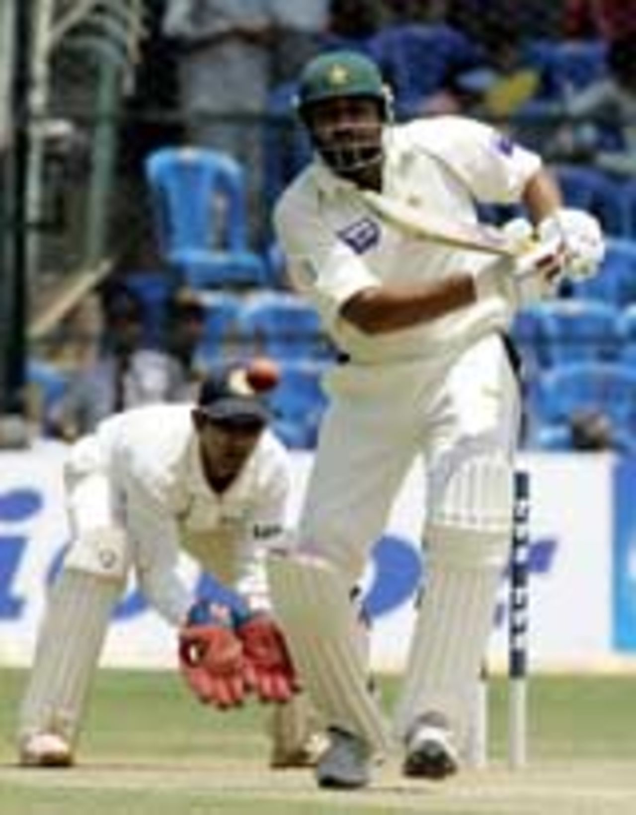 Inzamam-ul-Haq drives on the way to a century in his 100th Test, India v Pakistan, 3rd Test, Bangalore, 1st day, March 24, 2005