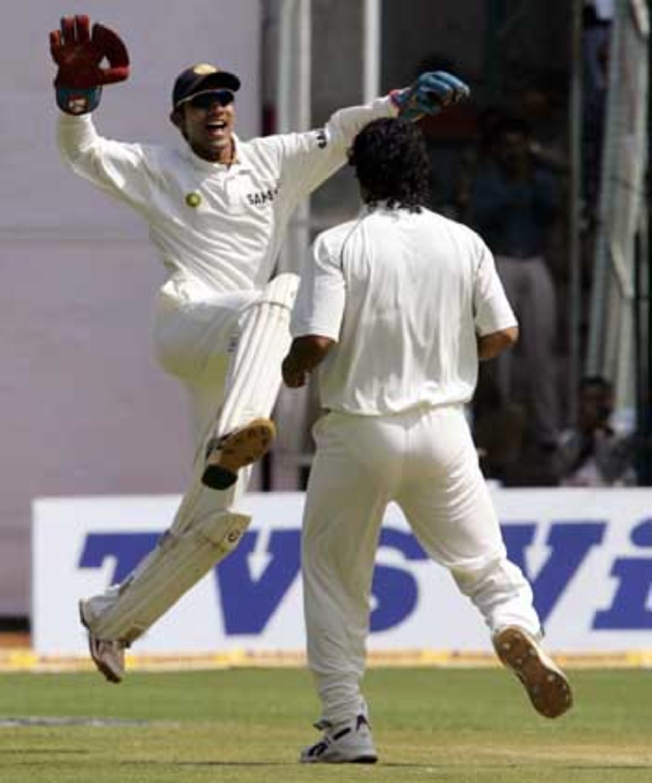 Dinesh Karthik leaps for joy after catching Yasir Hameed off Irfan Pathan, India v Pakistan, 3rd Test, Bangalore, 1st day, March 24, 2005