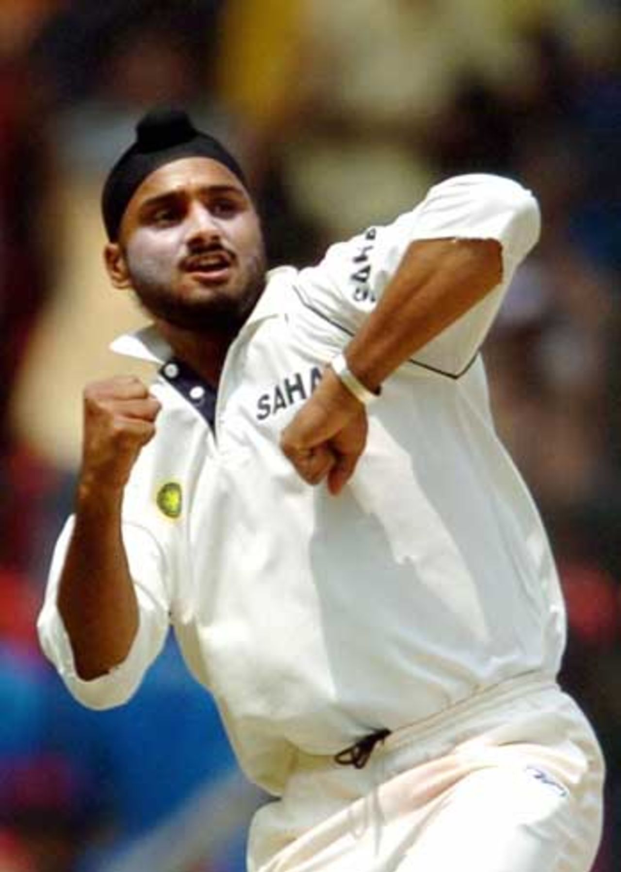 Harbhajan Singh pumps his fist on the way to a six-wicket haul, India v Pakistan, 3rd Test, Bangalore, 1st day, March 24, 2005