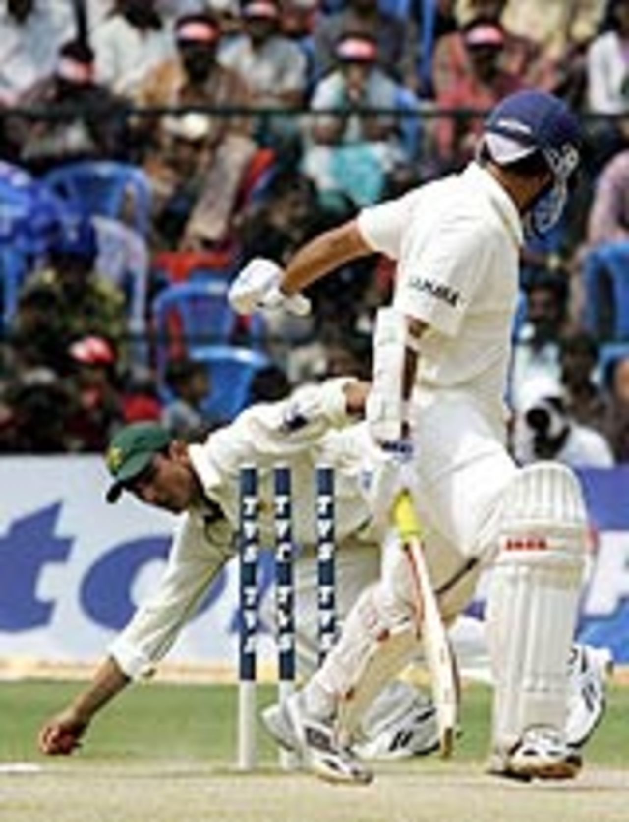 Sourav Ganguly sees his stumps knocked over by Shahid Afridi, India v Pakistan, 3rd Test, Bangalore, 5th day, March 28, 2005