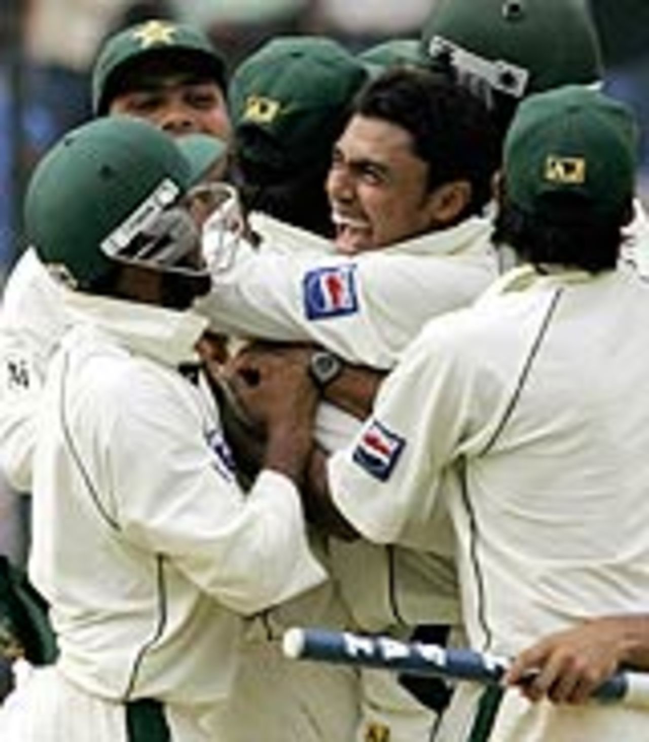 Danish Kaneria celebrates with his teammates, India v Pakistan, 3rd Test, Bangalore, 5th day, March 28, 2005