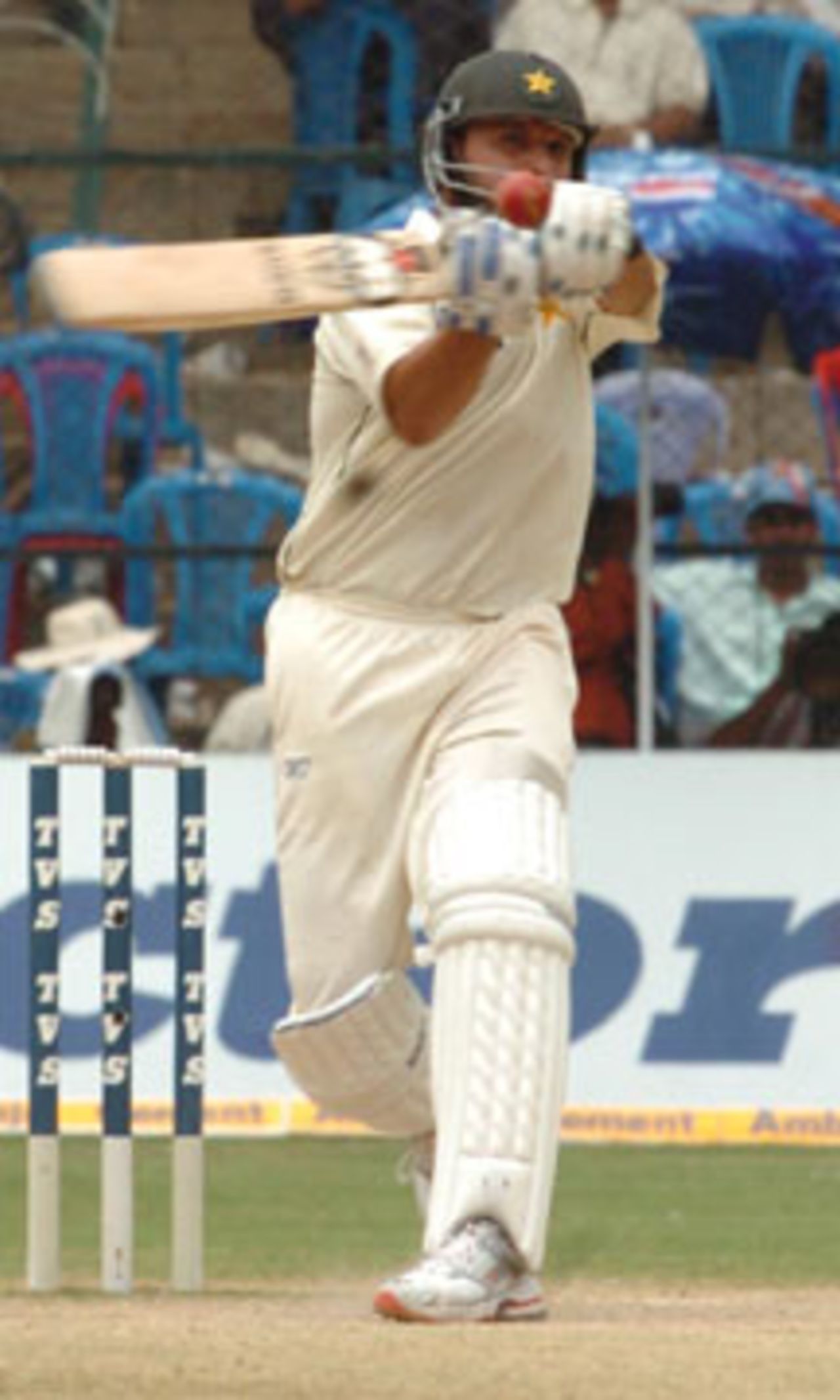 After taking a handy lead of 121 runs, Pakistan were in search of some quick runs so that they could force a result. Shahid Afridi, the Pakistan opener, provided just that, with a blazing 58 (50 in 26 balls - the quickest by a Pakistan cricketer in test history)., 3rd Test: India v Pakistan at Bangalore, 24-28 March 2005