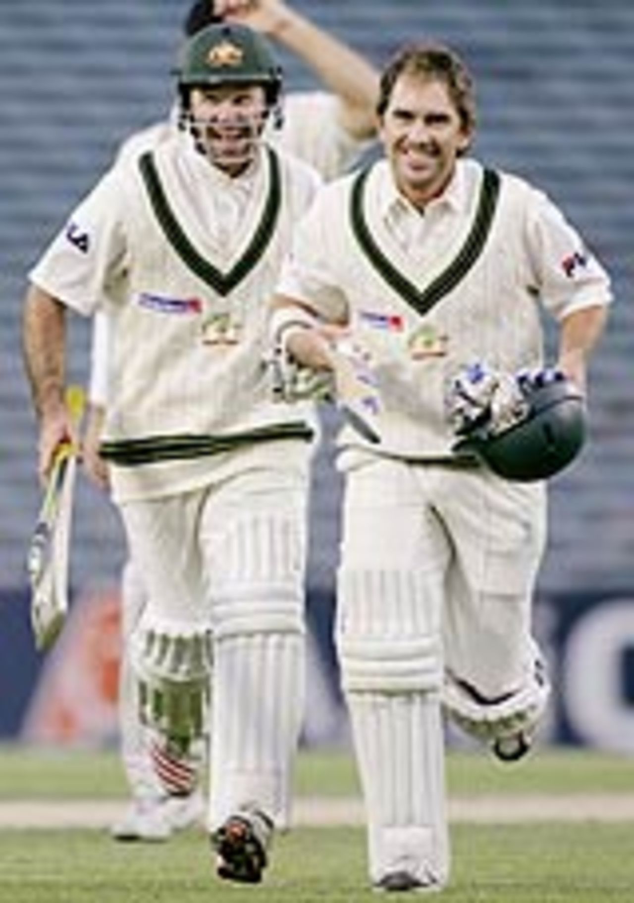 Ricky Ponting and Justin Langer celebrate after hitting the winning runs, New Zealand v Australia, 3rd Test, Auckland, 4th day, March 29, 2005