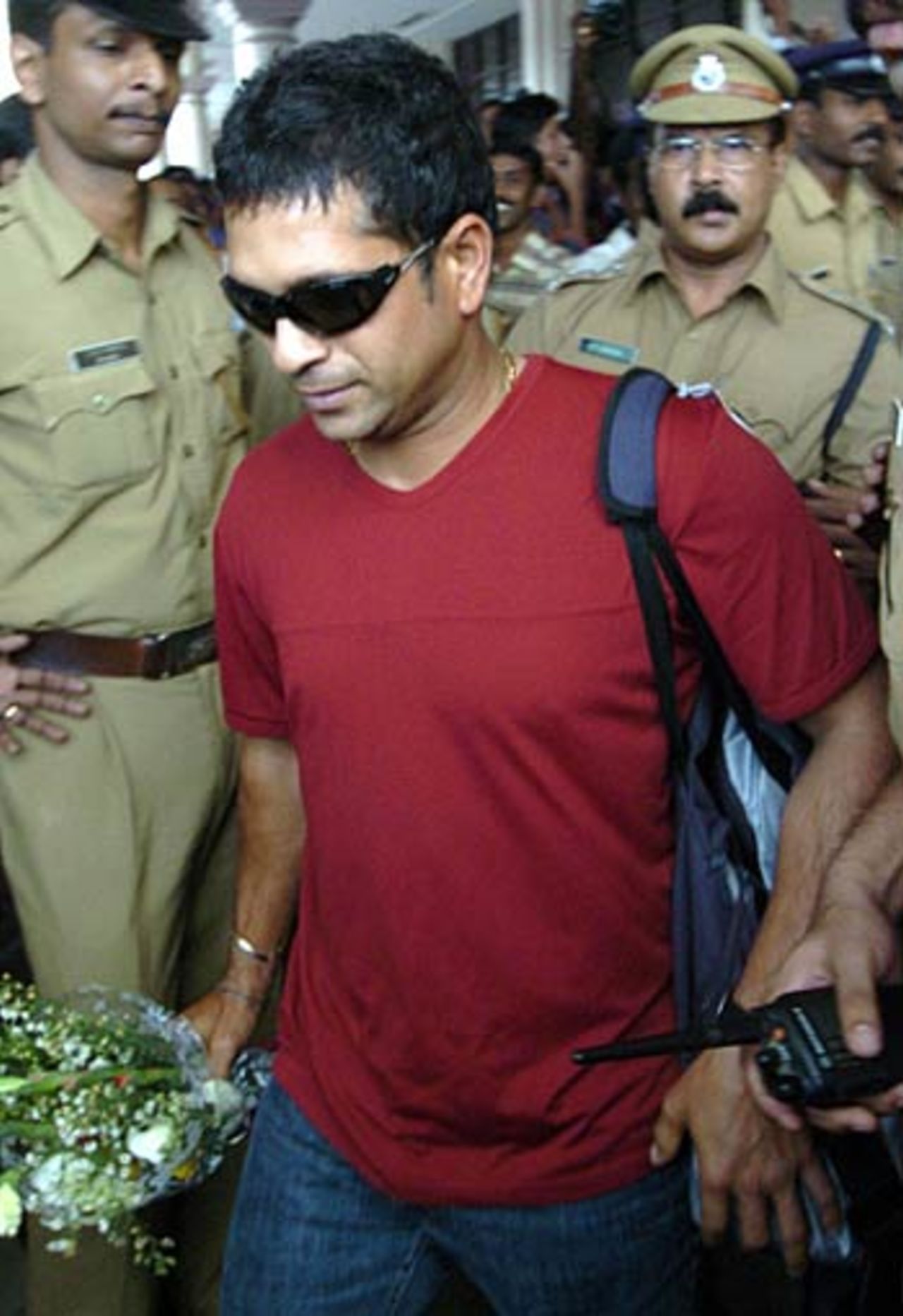 Sachin Tendulkar arrives at Cochin International Airport ahead of the first one day international, March 31, 2005