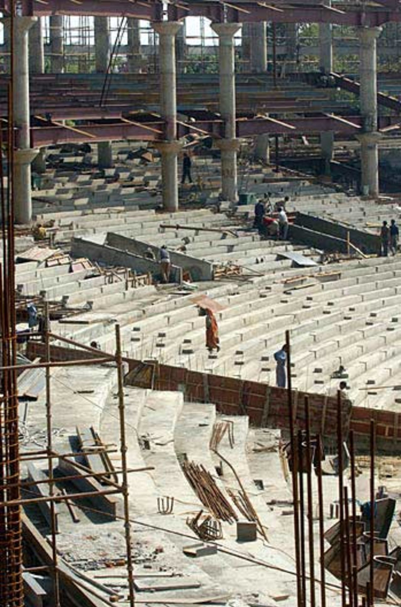 Redevelopment at the Feroz Shah Kotla stadium. Doubts have been raised whether the ground will completed in time, February 2005
