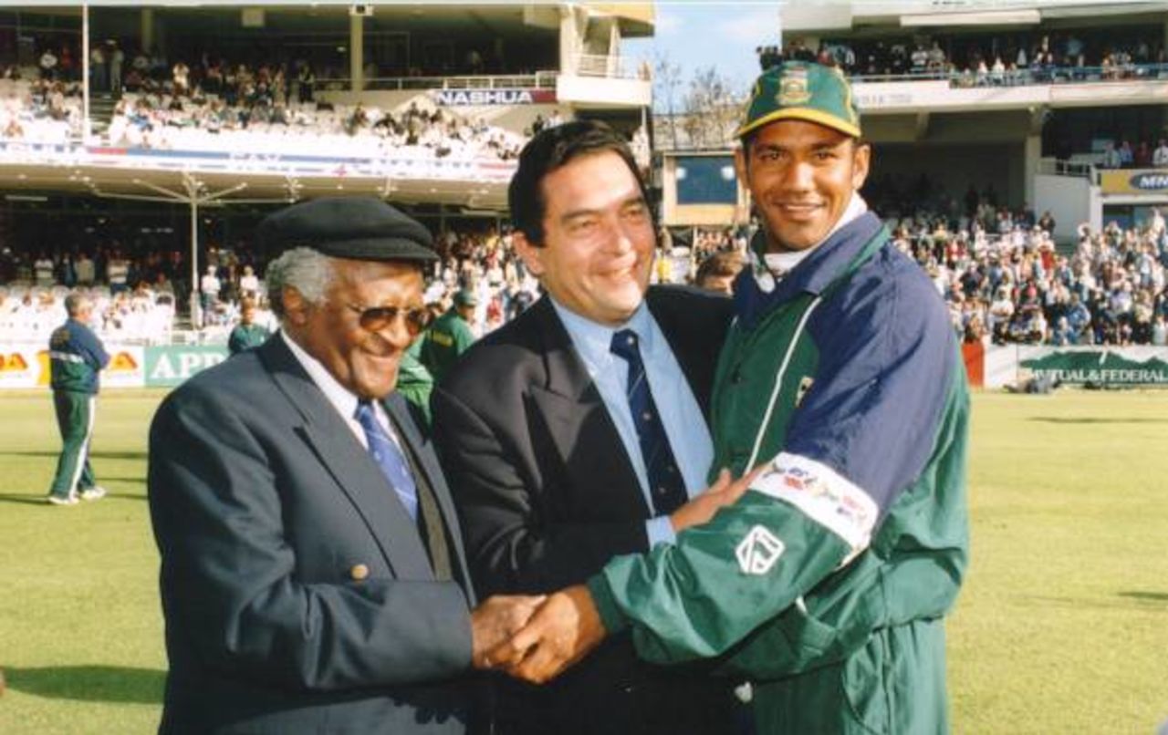 Bishop Tutu, Ali Bacher and Roger Telemachus. Standard Bank Triangular series final South Africa v Pakistan at Newlands 23 April 1998