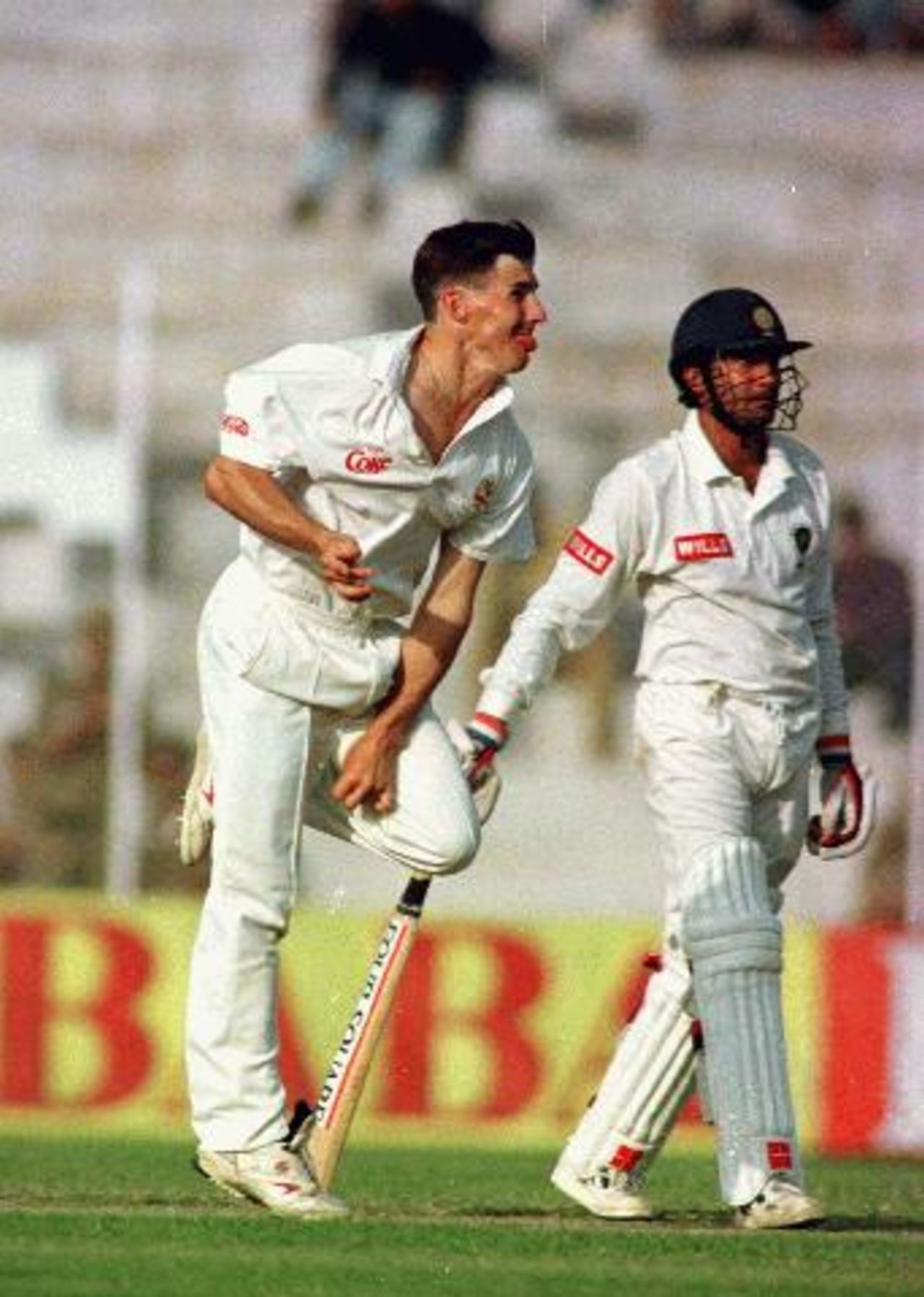 Left-arm wrist spinner Brad Hogg bowling on his Test debut on day one of the 1996-97 India vs Australia test at New Delhi.