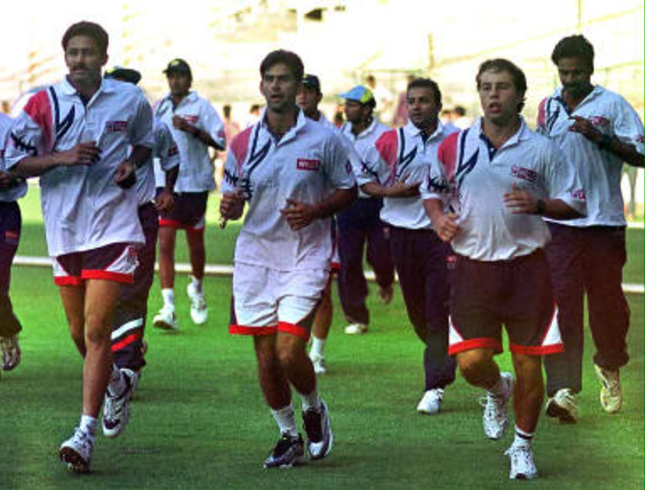Indian cricket team players warm up before practice on 03 March 1999, in Chinaswany cricket stadium, Bangalore,  on the eve of the final of the Triangular One-day cricket series to be played between India and Pakistan.