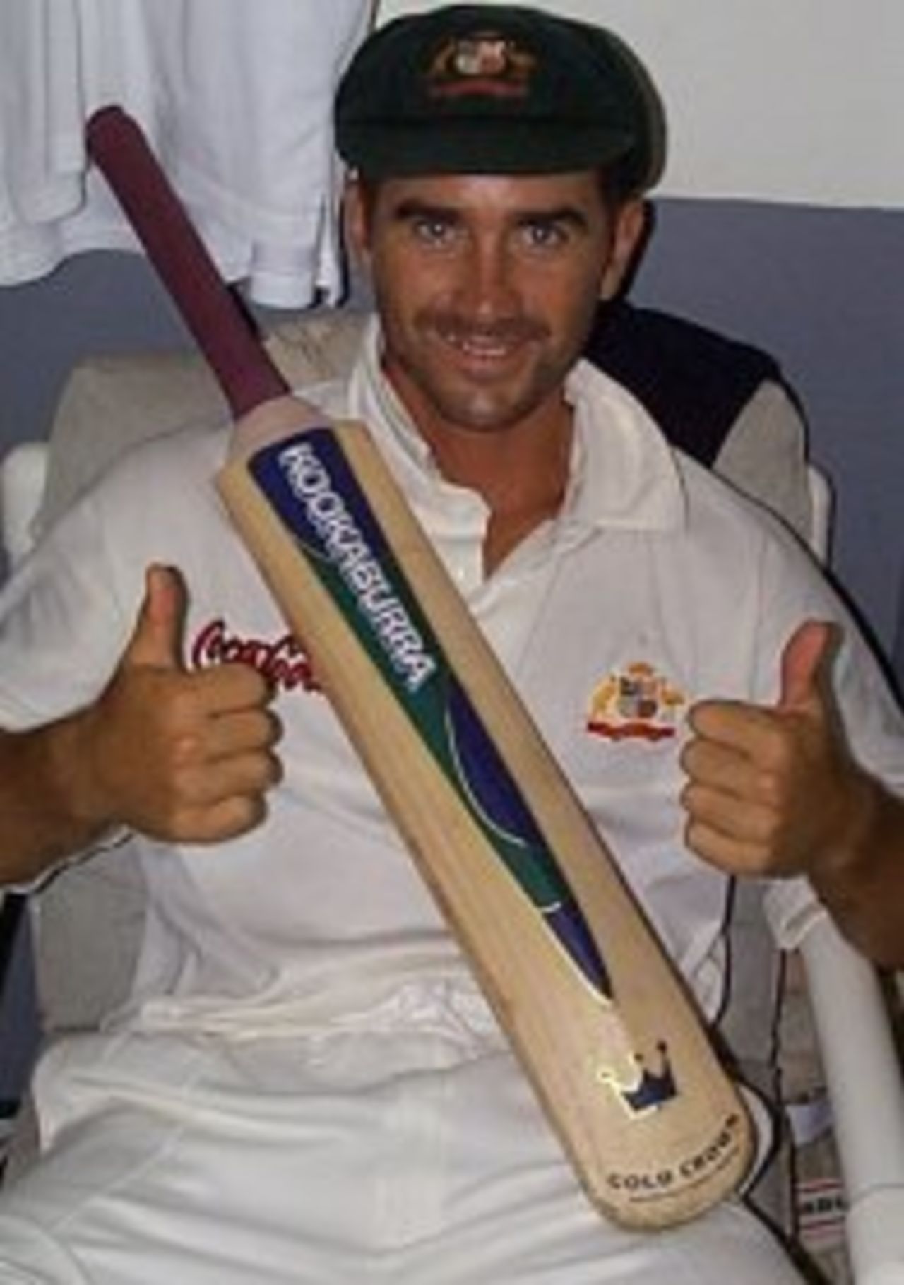Justin Langer after scoring his century on day four of the fourth and final Test against the West Indies. April 6, 1999.