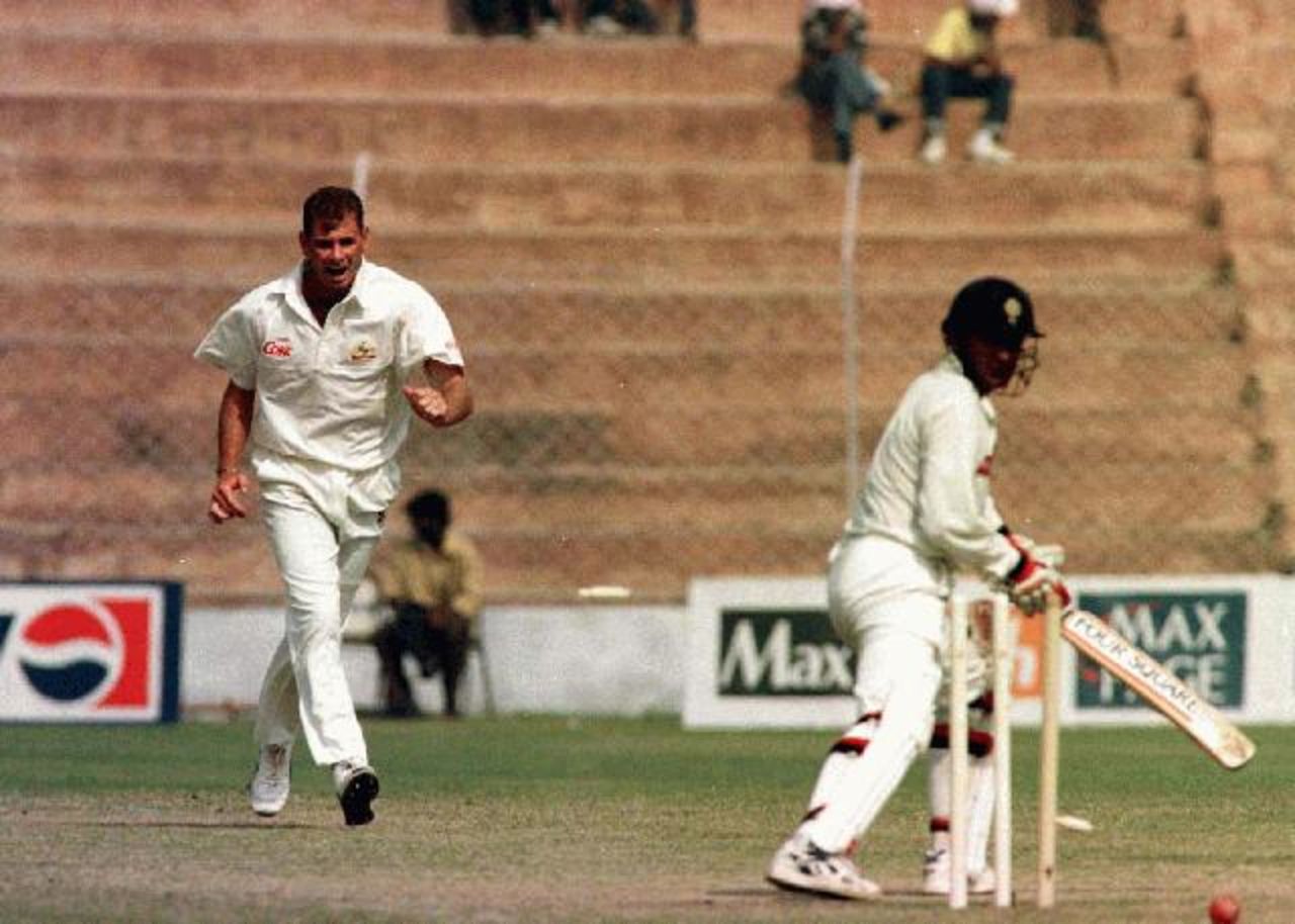 Nayan Mongia is clean bowled by Paul Reiffel for a career best 152 on day 3 of the 1996-97 India vs Australia test at New Delhi