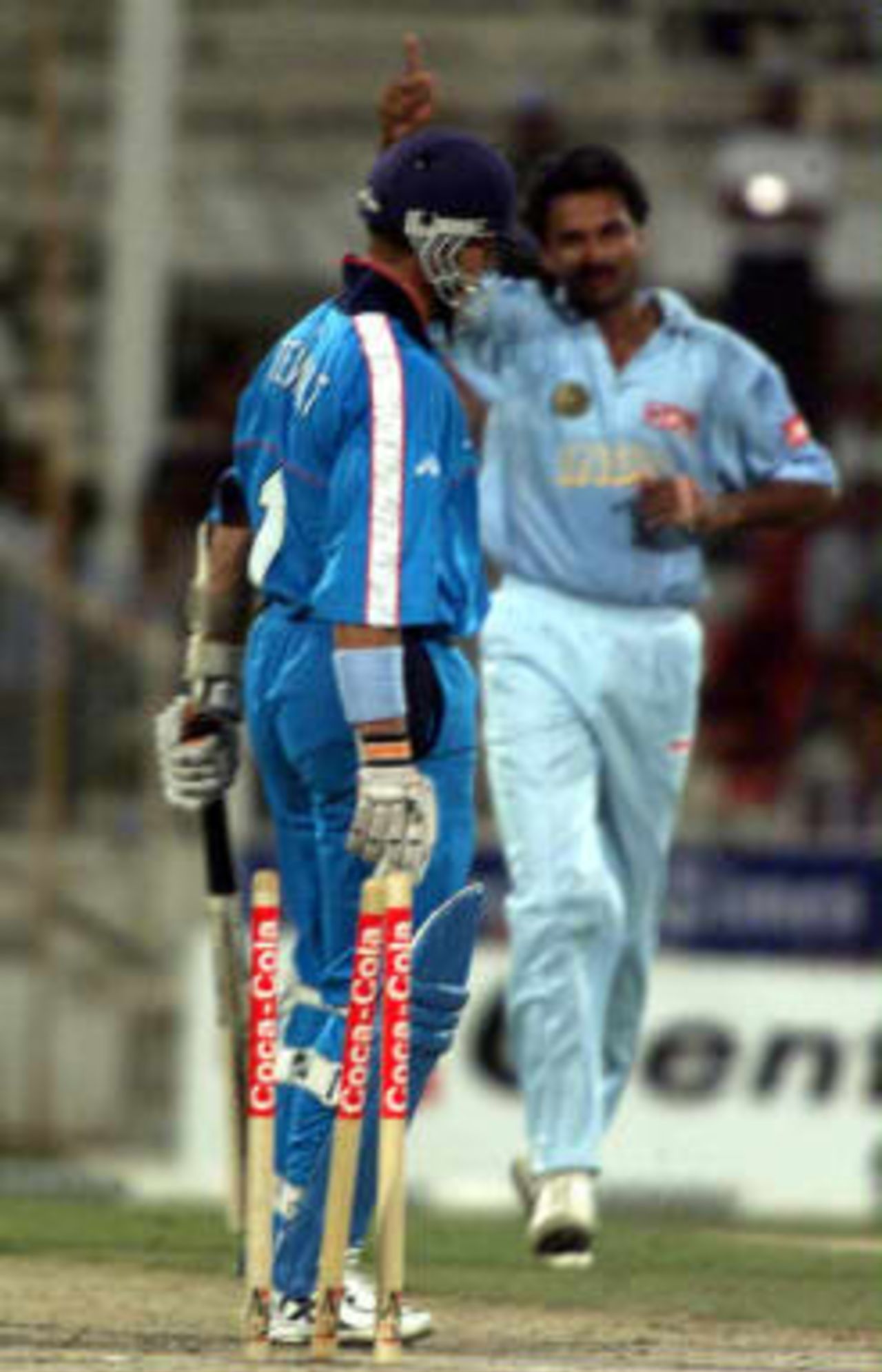 England captain Alec Stewart is bowled for 11 by Javagal Srinath in the 3rd match of the Coca Cola Cup on 9th April held in Sharjah