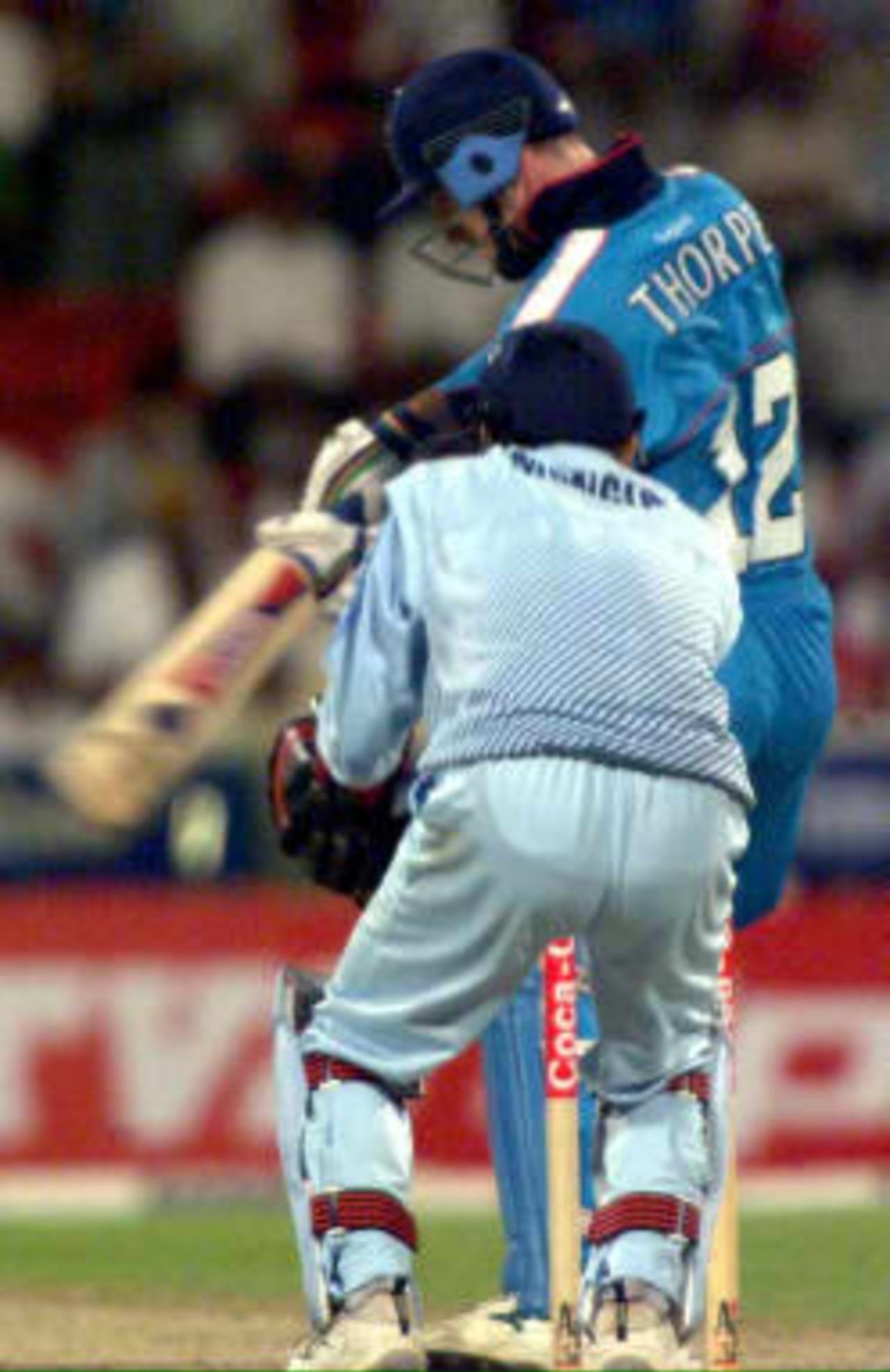 Indian wicketkeeper Nayan Mongia stumps England's Graham Thorpe in the 4th match of the Coca Cola Cup on 11th April 1999 held in Sharjah, U.A.E. India won the match by 9 runs.