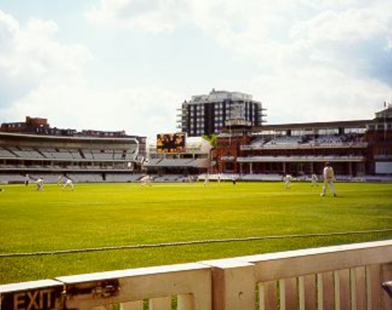 Lords, April 1999, looking from the grandstand towards the Pavillion and Allen stand. Middlesex v Kent county game in progress.