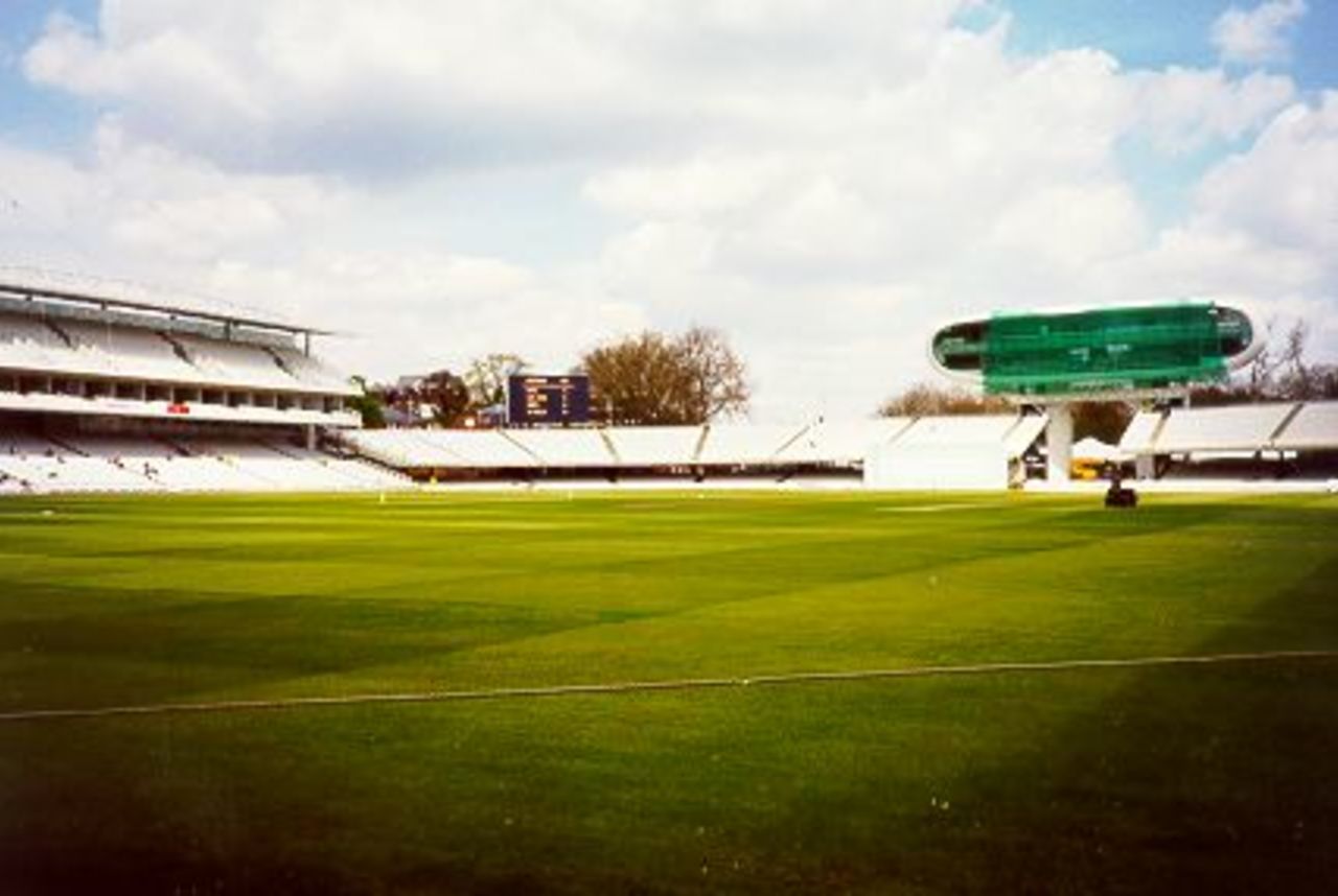Lords, April 1999, looking from the Pavillion towards the new media centre. tea break, Middlesex - Kent.