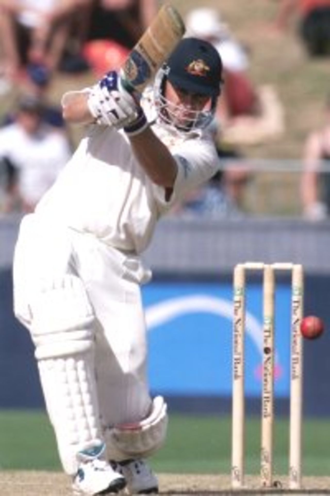 01 Apr 2000: Adam Gilchrist of Australia hits out on his way to 75, during day two of the third test between New Zealand and Australia, at WestpacTrust Park, Hamilton, New Zealand.