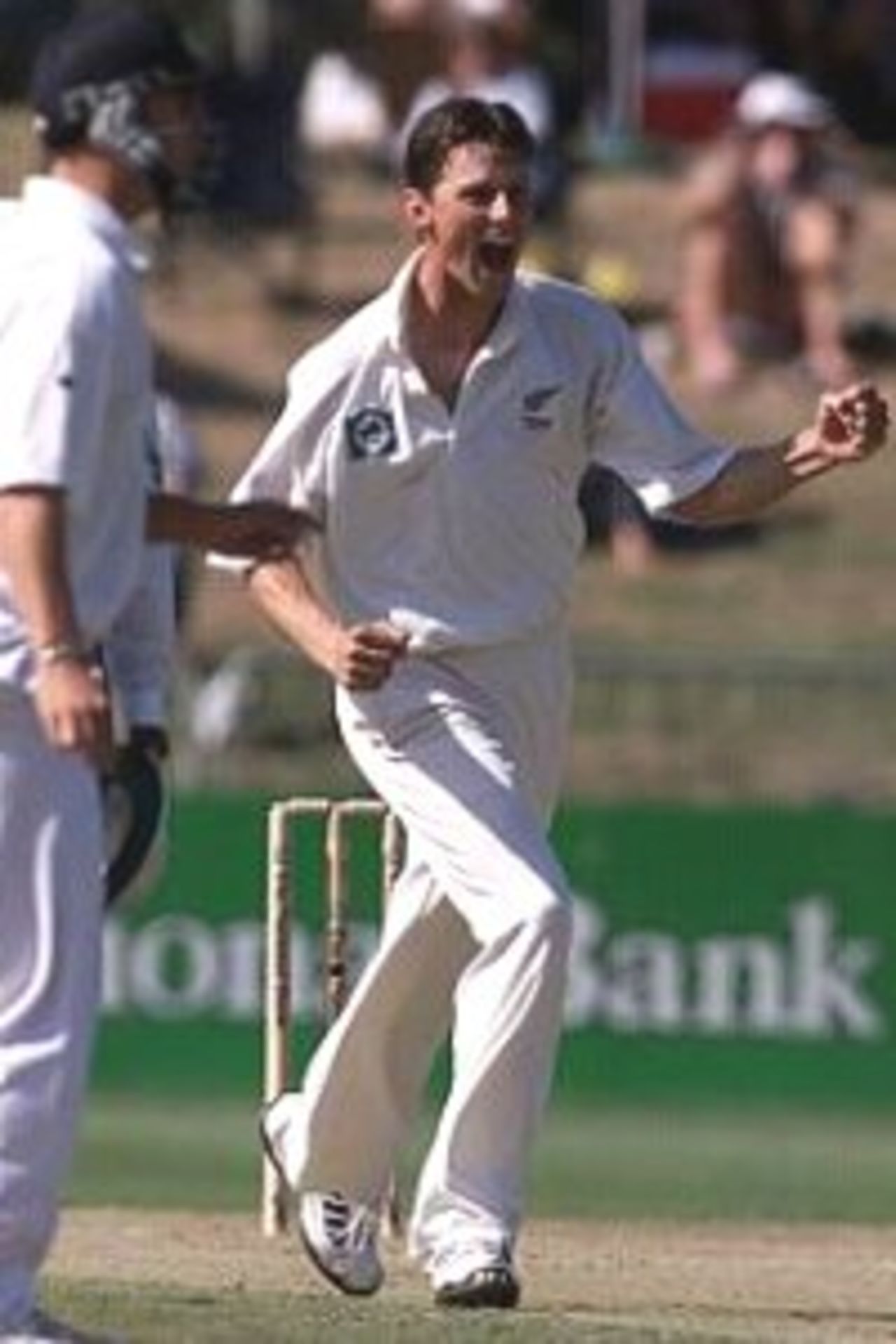 1 Apr 2000: Shayne O'Connor of New Zealand celebrates after trapping Michael Slater of Australia LBW, during day two of the third test between New Zealand and Australia, at WestpacTrust Park, Hamilton, New Zealand.