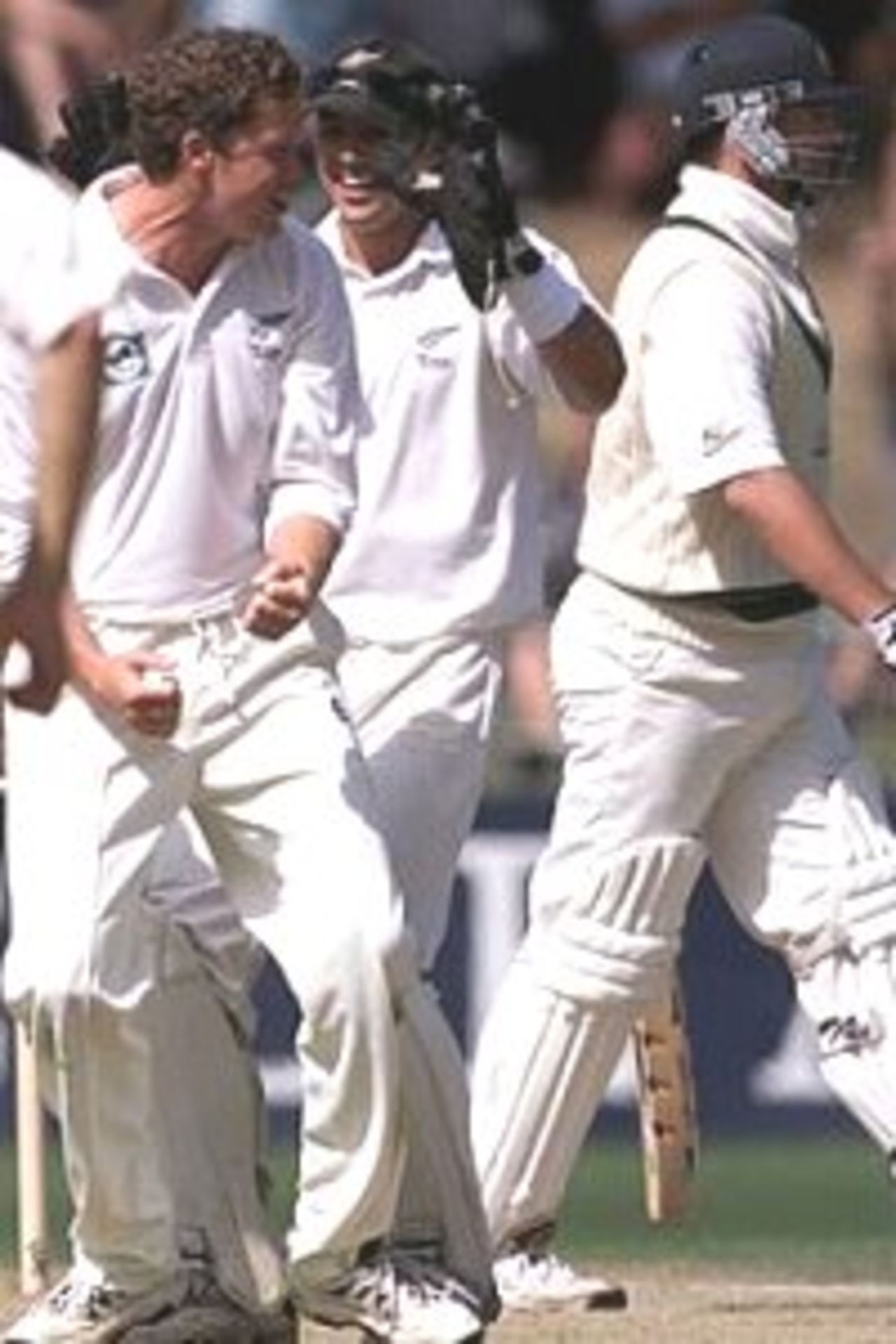 1 Apr 2000: Paul Wiseman (left) and Adam Parore of New Zealand celebrate after Wiseman had Mark Waugh (right) of Australia, caught for 28, during day two of the third test between New Zealand and Australia, at WestpacTrust Park, Hamilton, New Zealand.