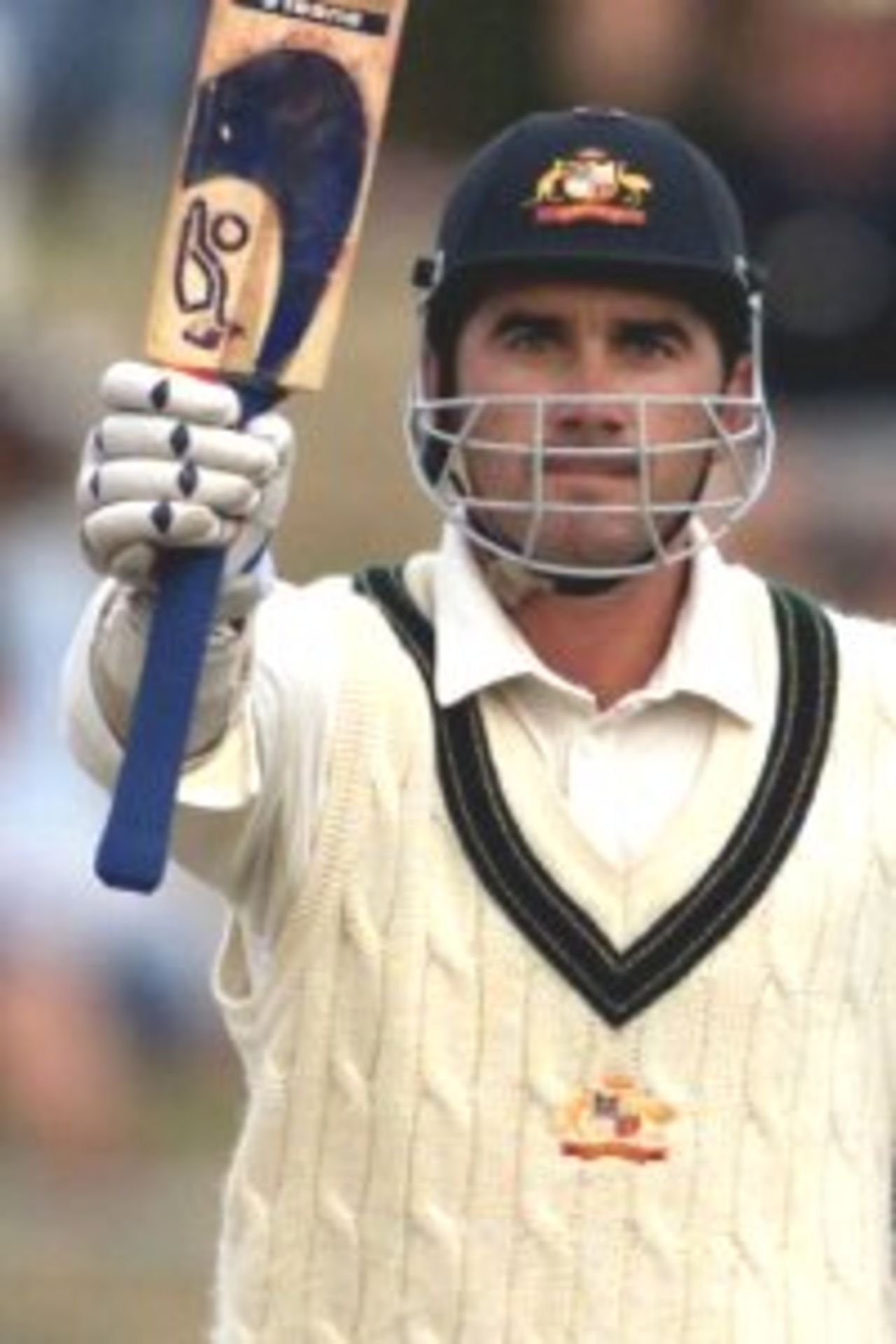 02 Apr 2000: Justin Langer of Australia celebrates his half century, brought up from only 42 deliveries, an Australian record, during day three of the third test between New Zealand and Australia, at WestpacTrust Park, Hamilton, New Zealand.