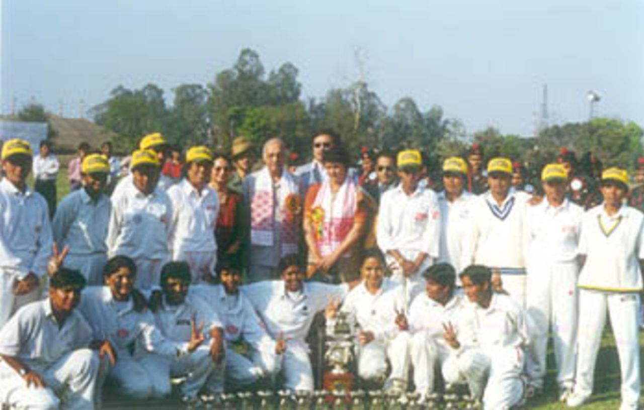 The jubliant Railways team with the chief guest, Air India v Indian Railways Senior Womens National Cricket Championship, 2000 (Final), Jorhat Stadium, 25-27 March 2000.