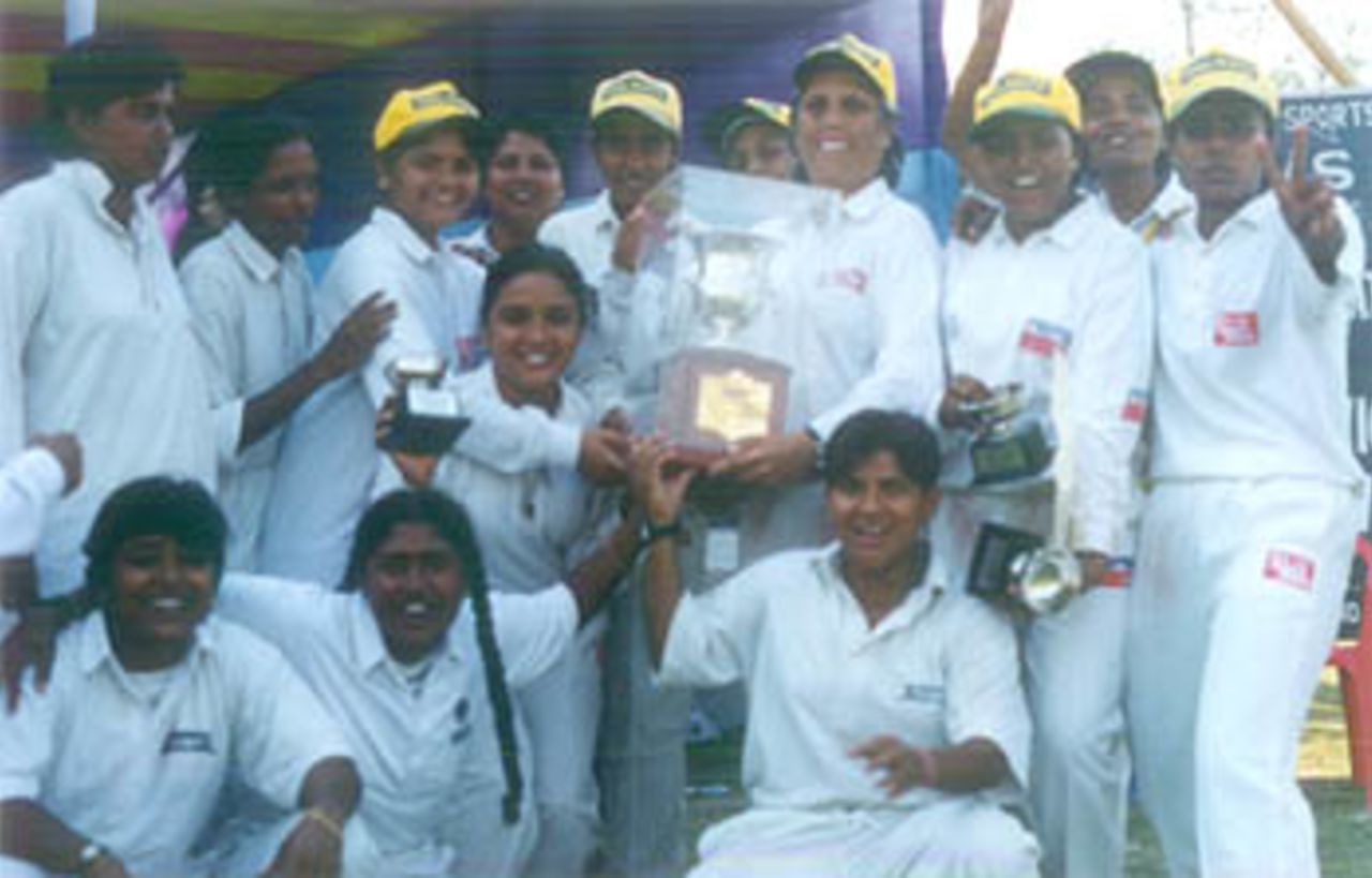 The victorious Railways players with the CricInfo Trophy, Air India v Indian Railways Senior Womens National Cricket Championship, 2000 (Final), Jorhat Stadium, 25-27 March 2000.