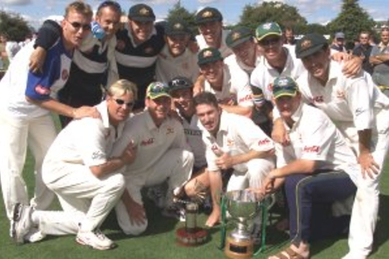 03 Apr 2000: The Australian team celebrate with the Trans-Tasman Trophy, during day four of the third test between New Zealand and Australia, at WestpacTrust Park, Hamilton, New Zealand. Australia won by six wickets, to win the series 3-0.
