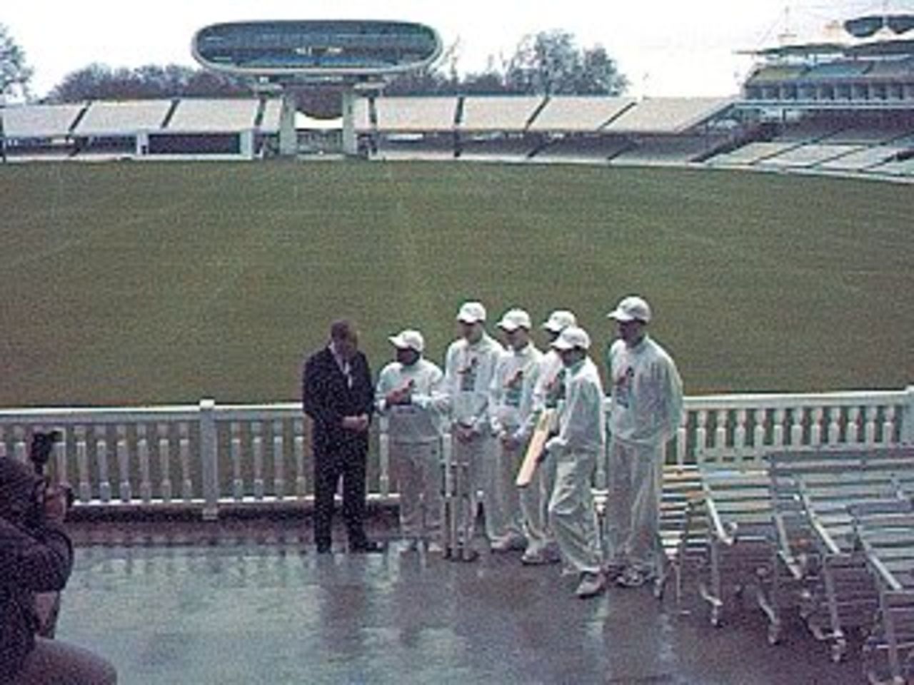 Members of the England U15 squad pose for photographers on the pavilion steps at Lord's for the launch of the Costcutter U15 World Cricket Challenge. (Tues 4 April 2000)
