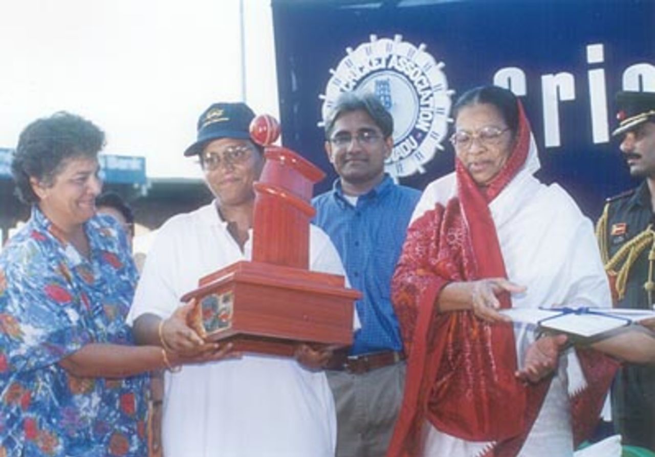 The CricInfo Rani Jhansi Trophy being presented by the Governor of Tamil Nadu, Ms. Fathima Beewi,  to the victorious Air India captain, Purnima Rau. Rani of Jhansi Women's (Inter-zonal) Tournament 1999/00, Air India Women v Railways Women, MA Chidambaram Stadium, Chepauk Chennai, 8 April 2000